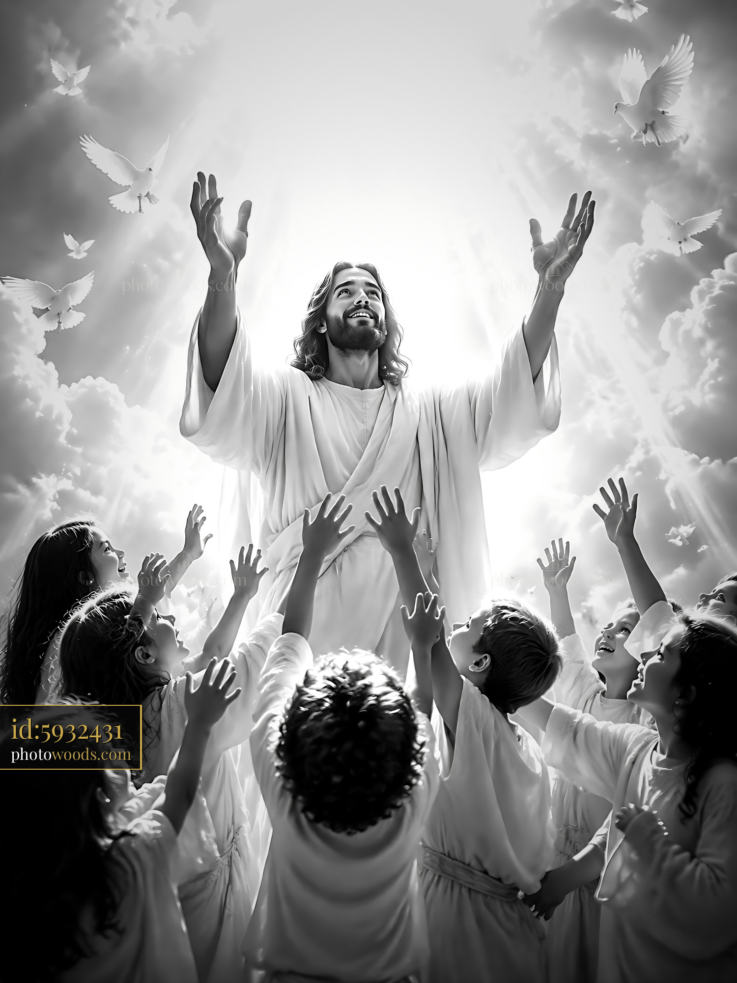 Jesus in Bright Light Reaching out to Children With Open Arms