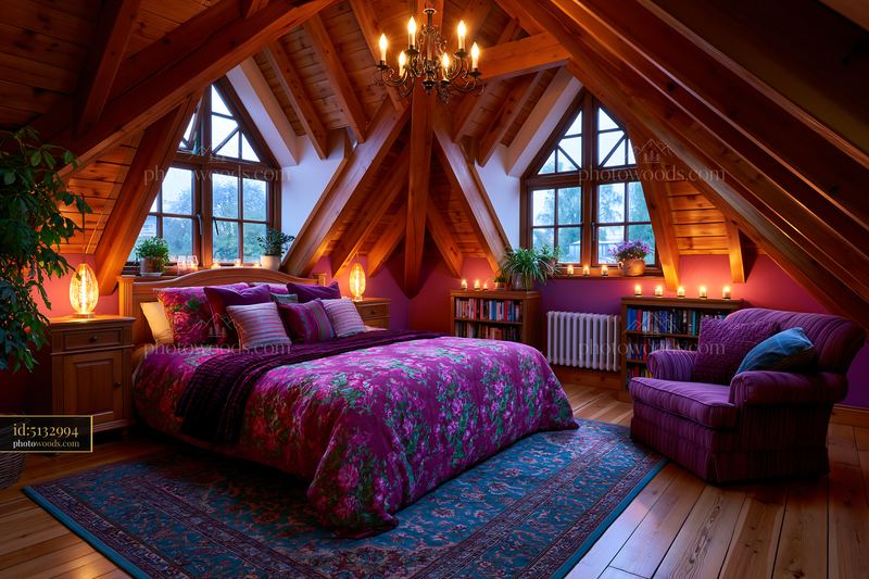 Cozy Attic Master Suite With Exposed Beams and Warm Lighting