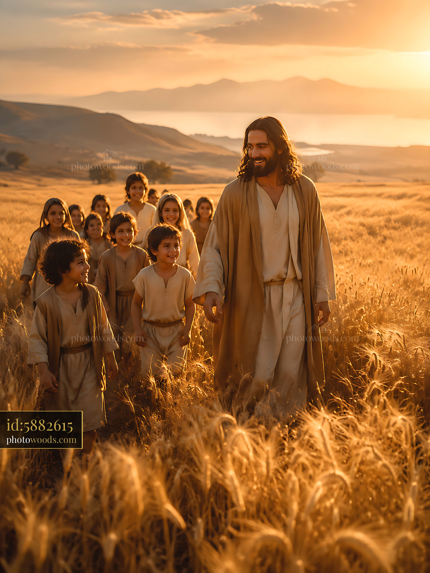 Jesus Walking With Children in a Wheat Field at Sunset