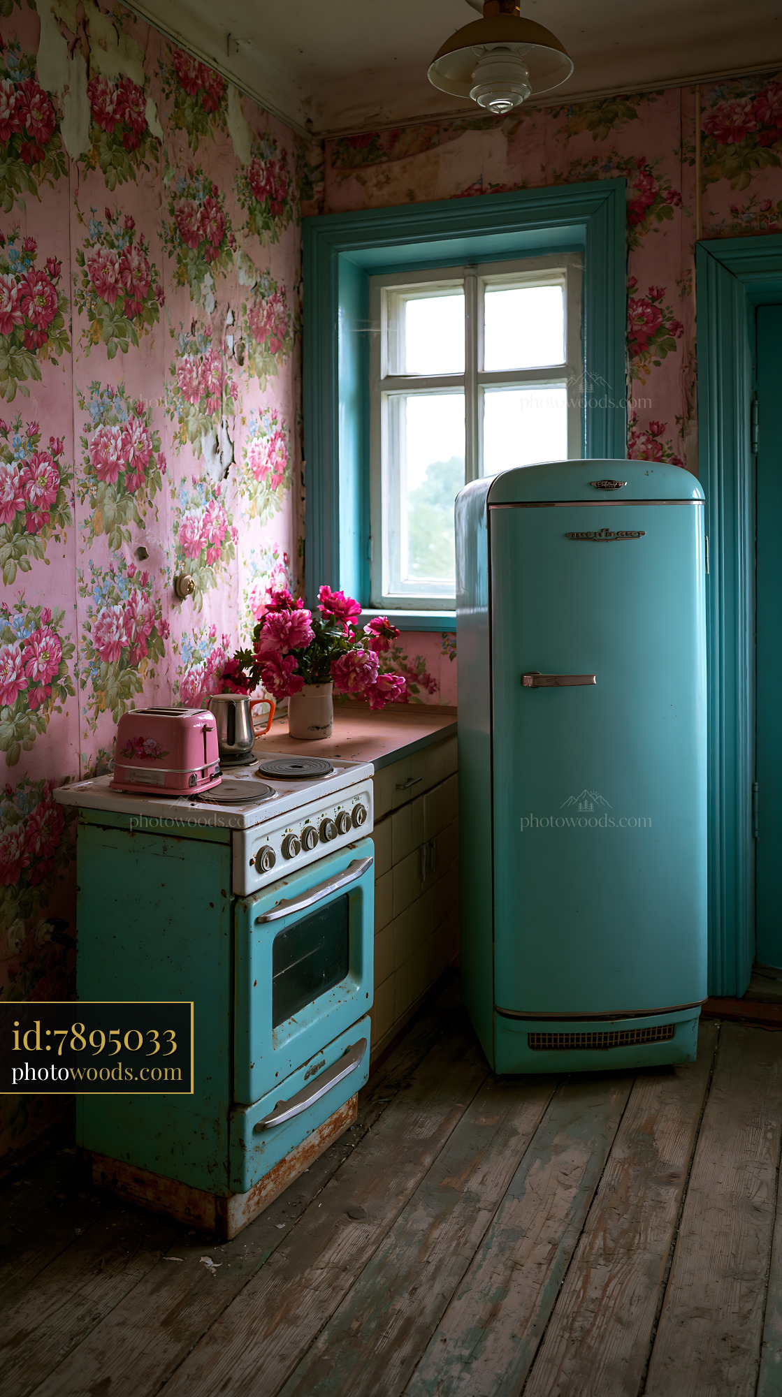 Soviet Era Kitchen With Blue Appliances and Floral Wallpaper