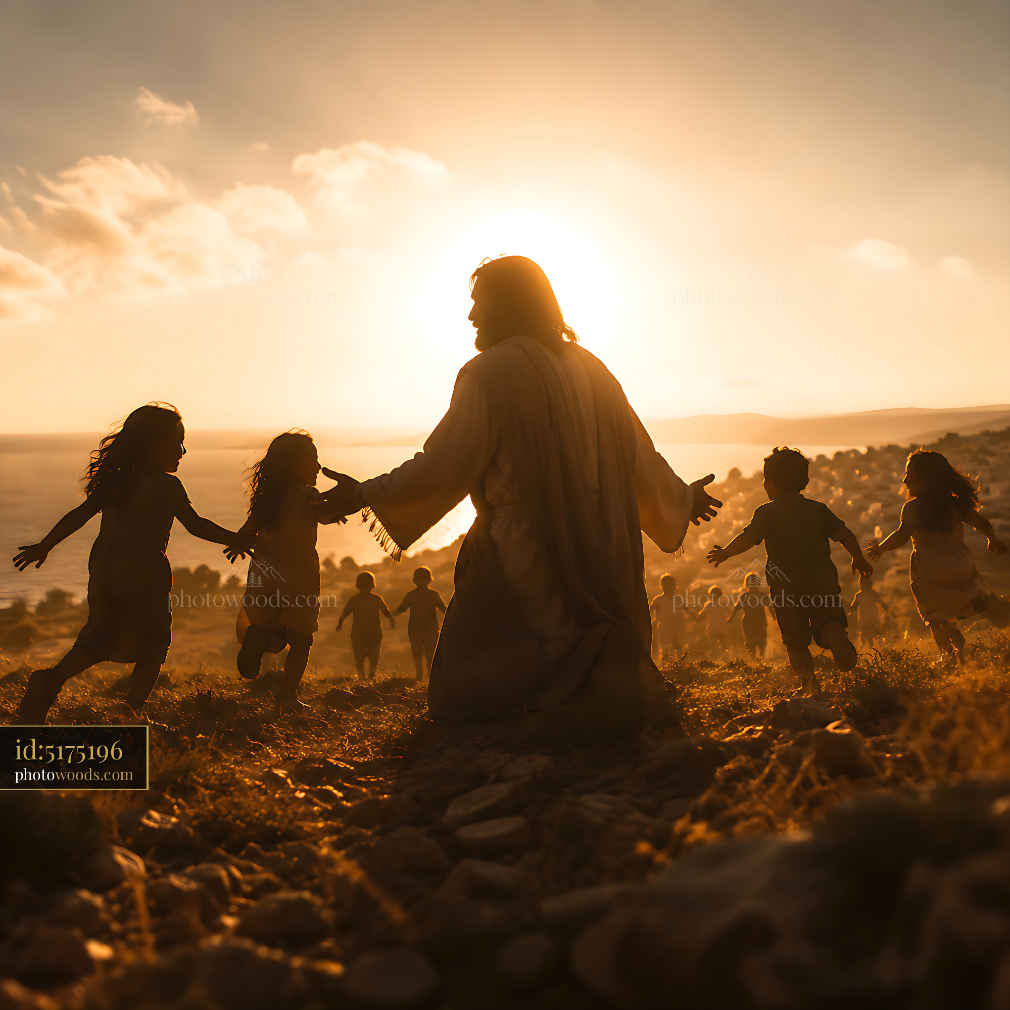 Jesus With Children Running on Hillside During Sunset