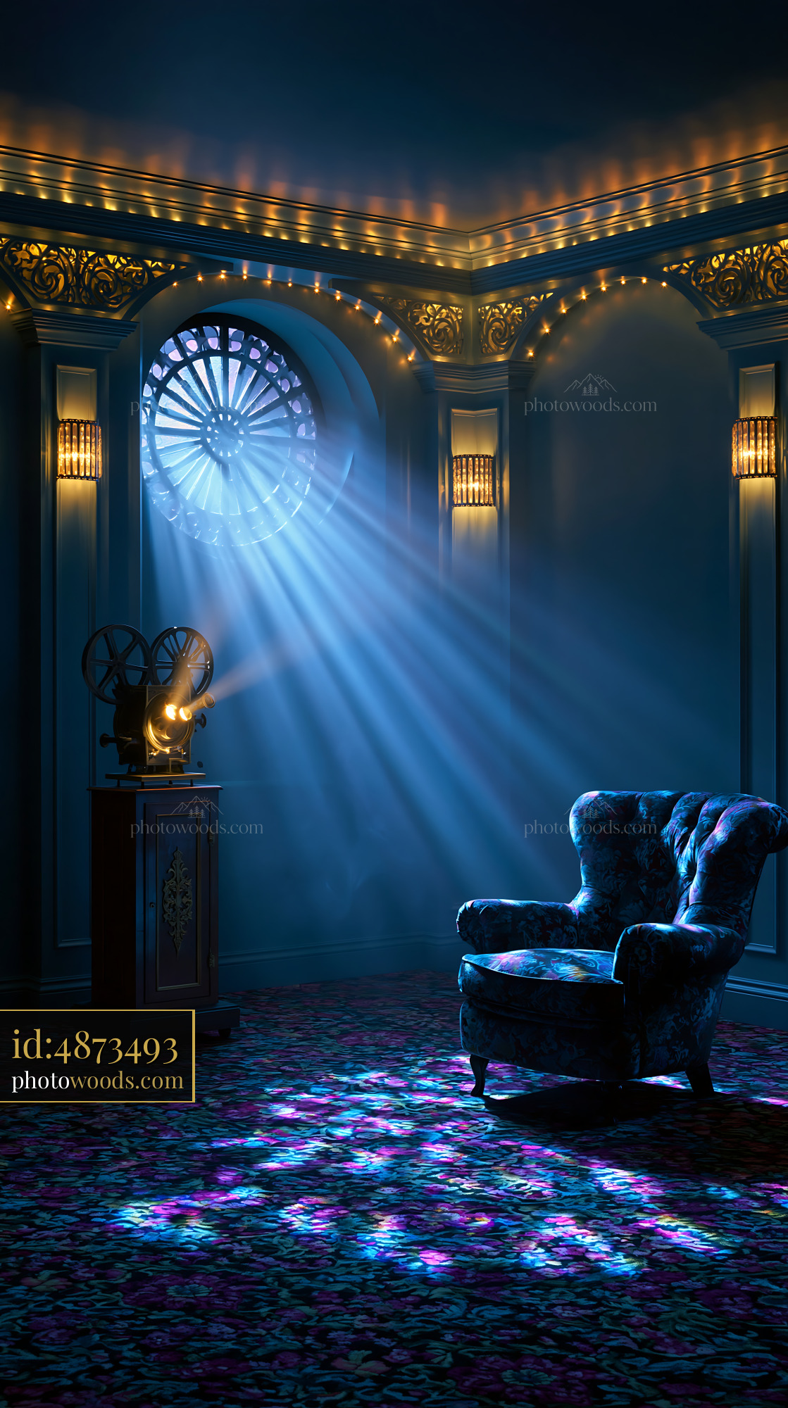 Vintage Projector in Basement Theater With Soft Light Rays
