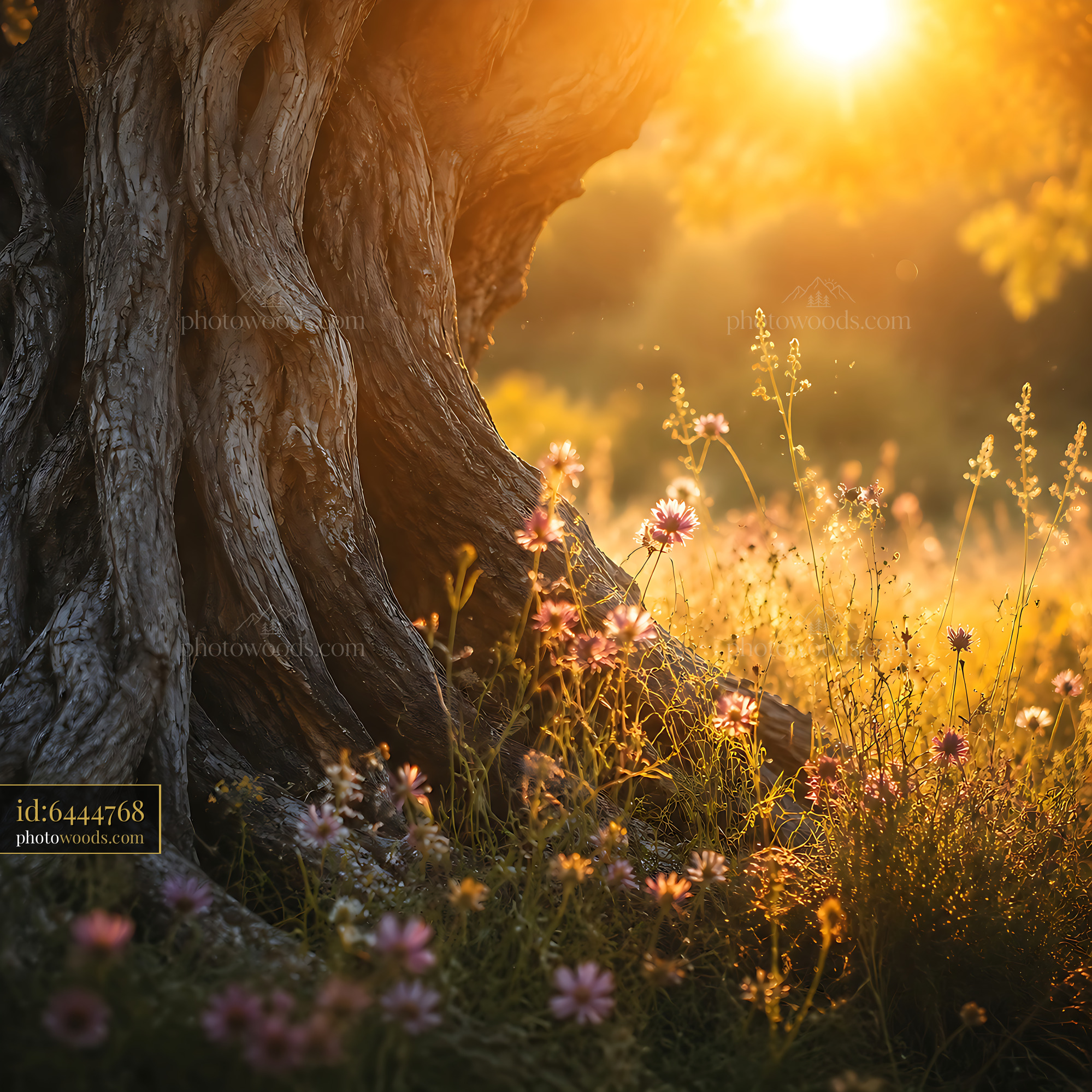 Tree Trunk With Sun Shining Through Flowers at Evening Light