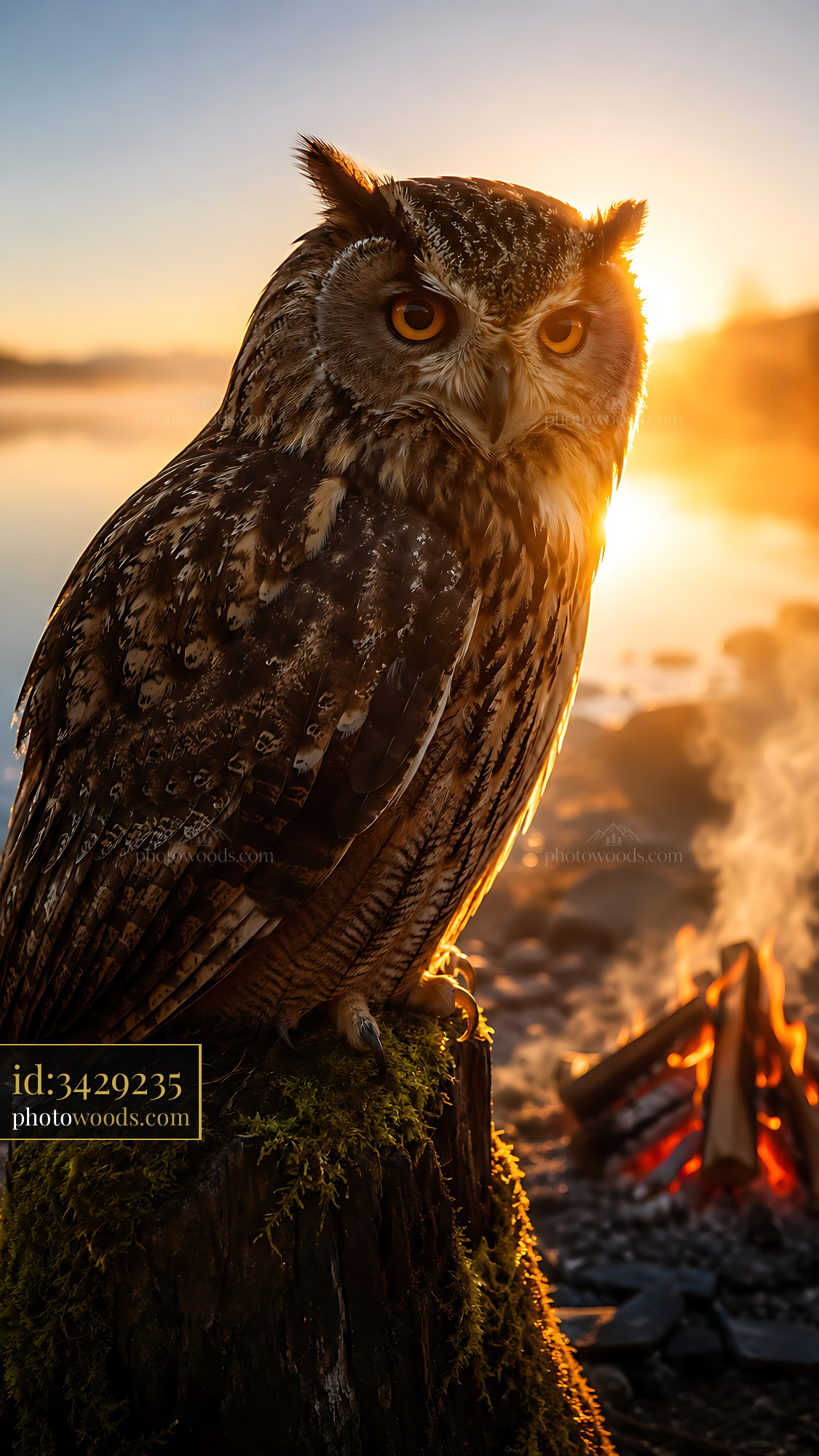 Owl Perched on a Log Near a Campfire at Sunset