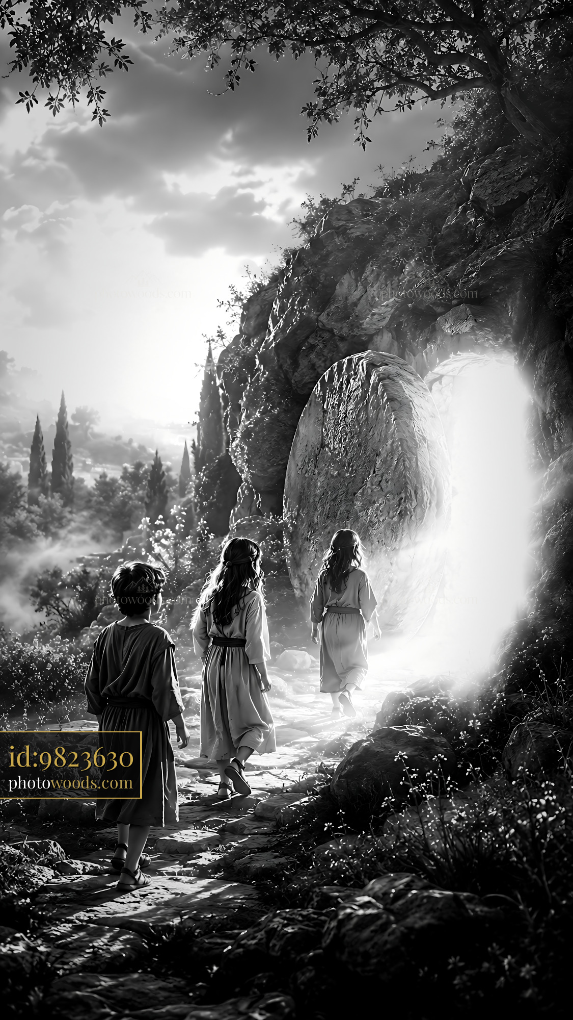 Children Walking Toward an Open Stone Door on a Rocky Path