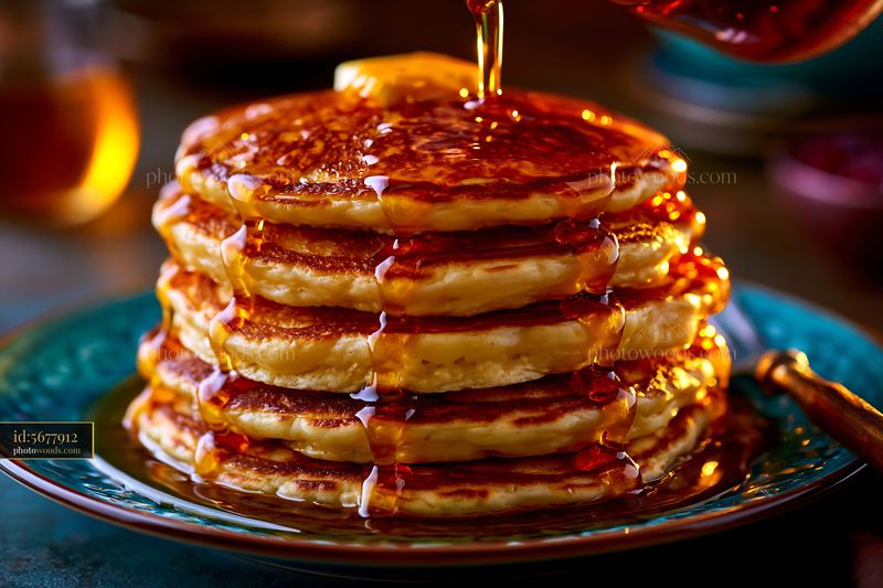 Fluffy Pancakes Stacked With Maple Syrup and Butter