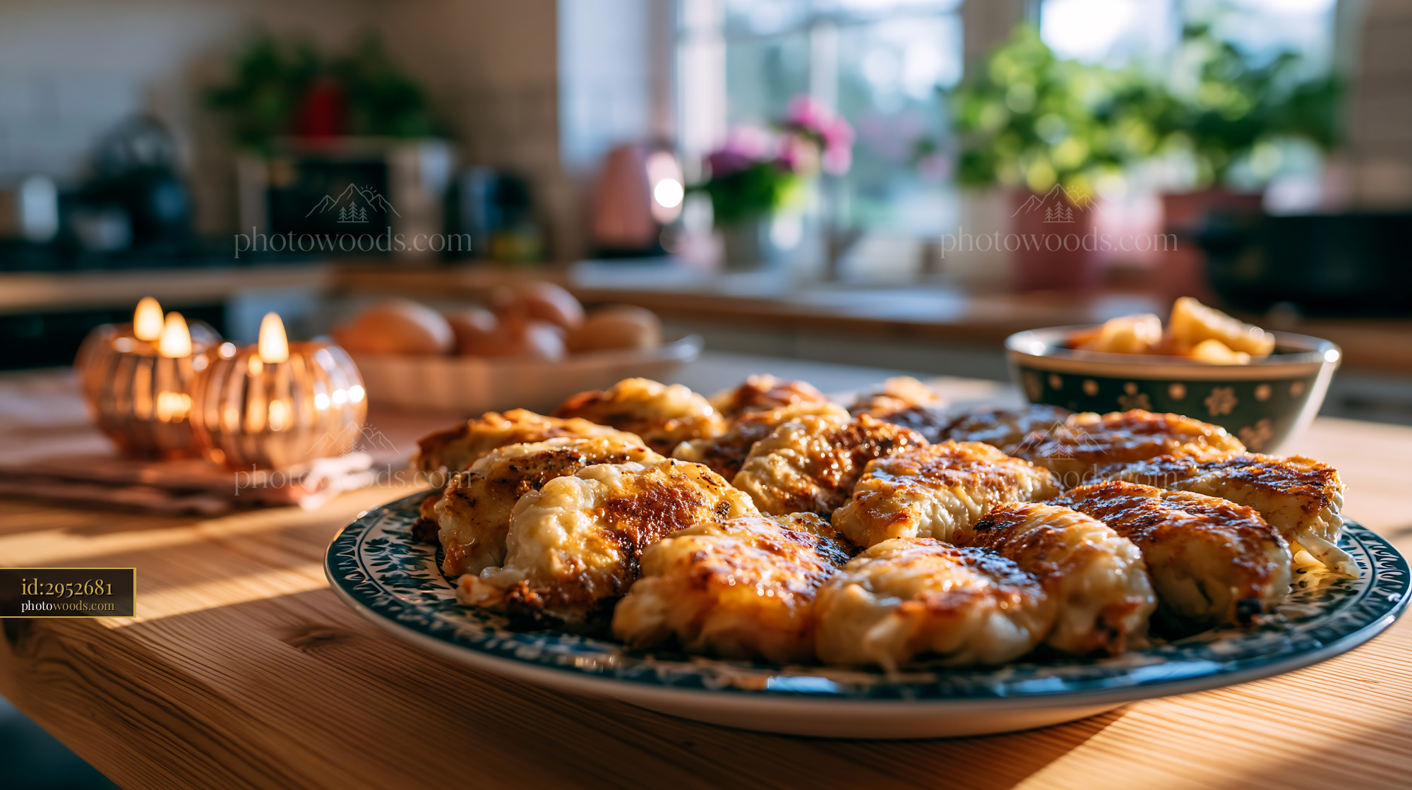 Gyoza on a Plate With Golden Crispy Wings in Bright Kitchen Setting