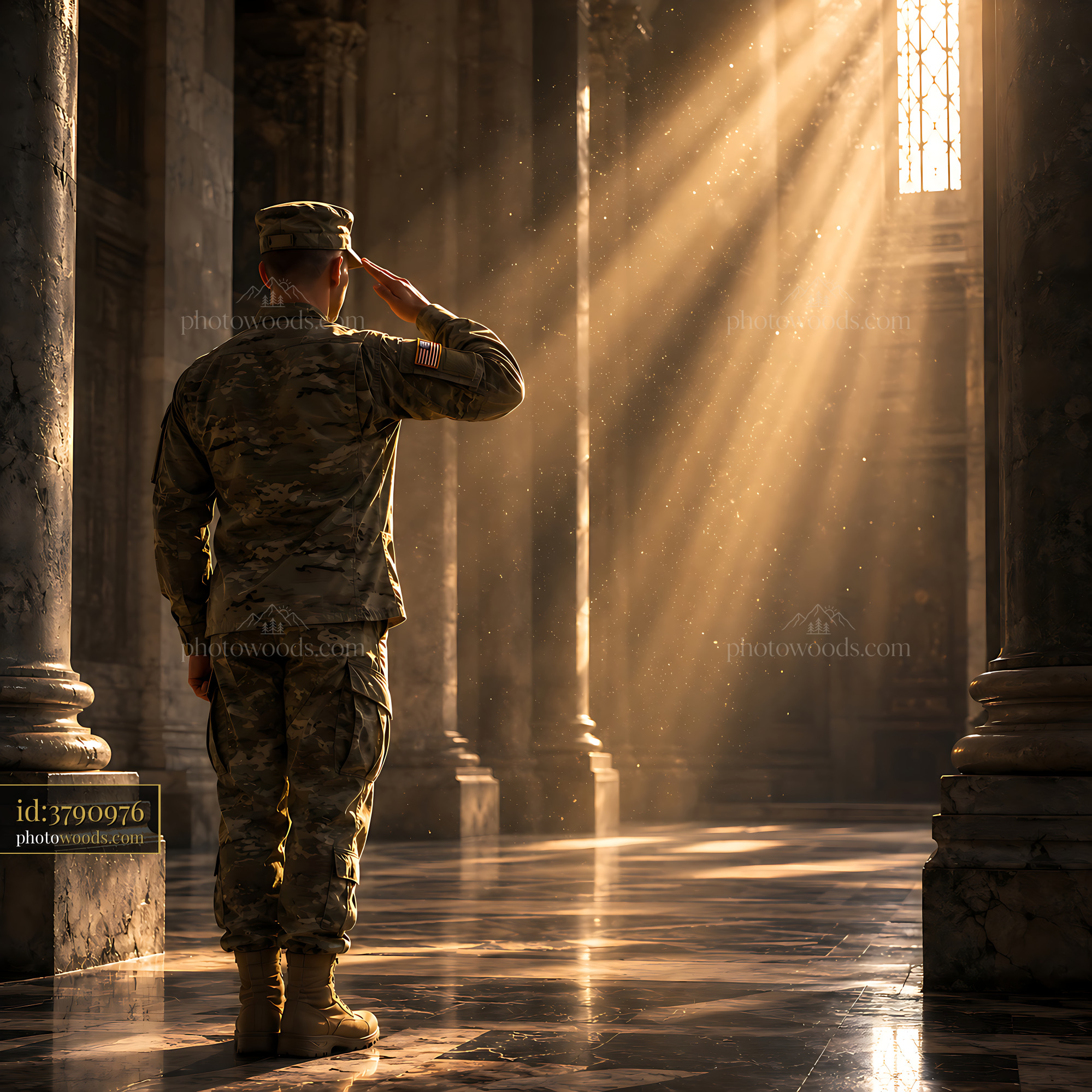 Soldier Salutes in Historical Building During Golden Hour Light