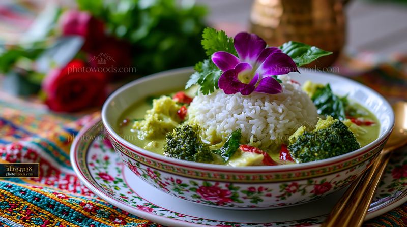 Thai Green Curry With Jasmine Rice and Fresh Herbs on a Table