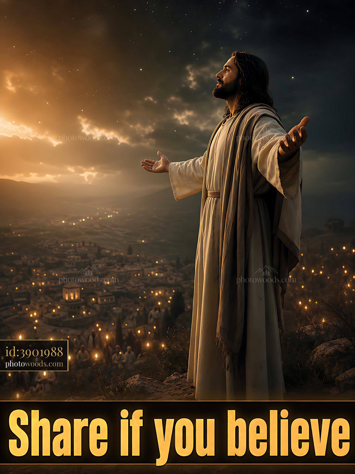 Jesus Stands With Open Arms Overlooking a City at Sunset