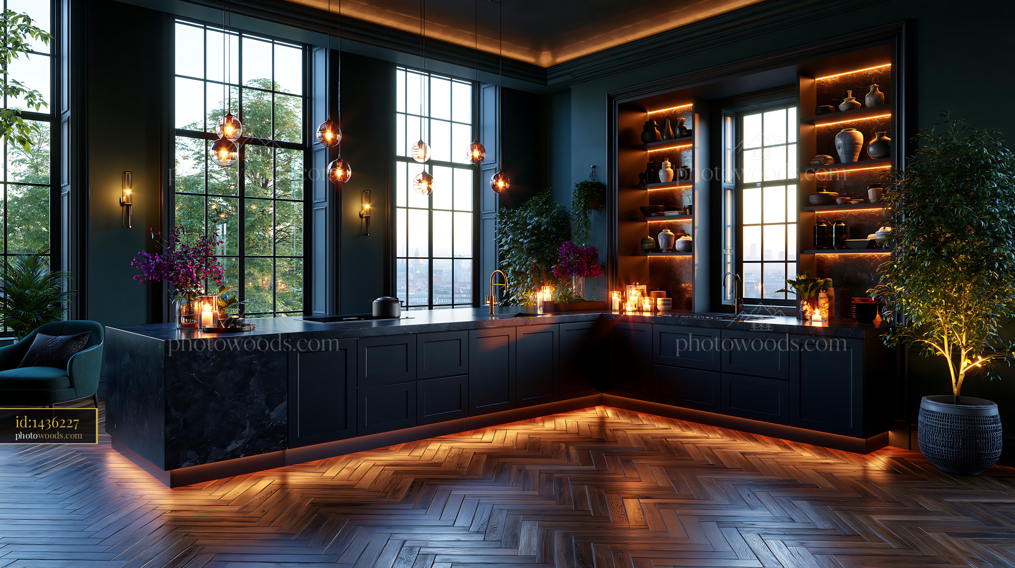Monochrome Black Luxury Kitchen With Warm Lighting in Evening
