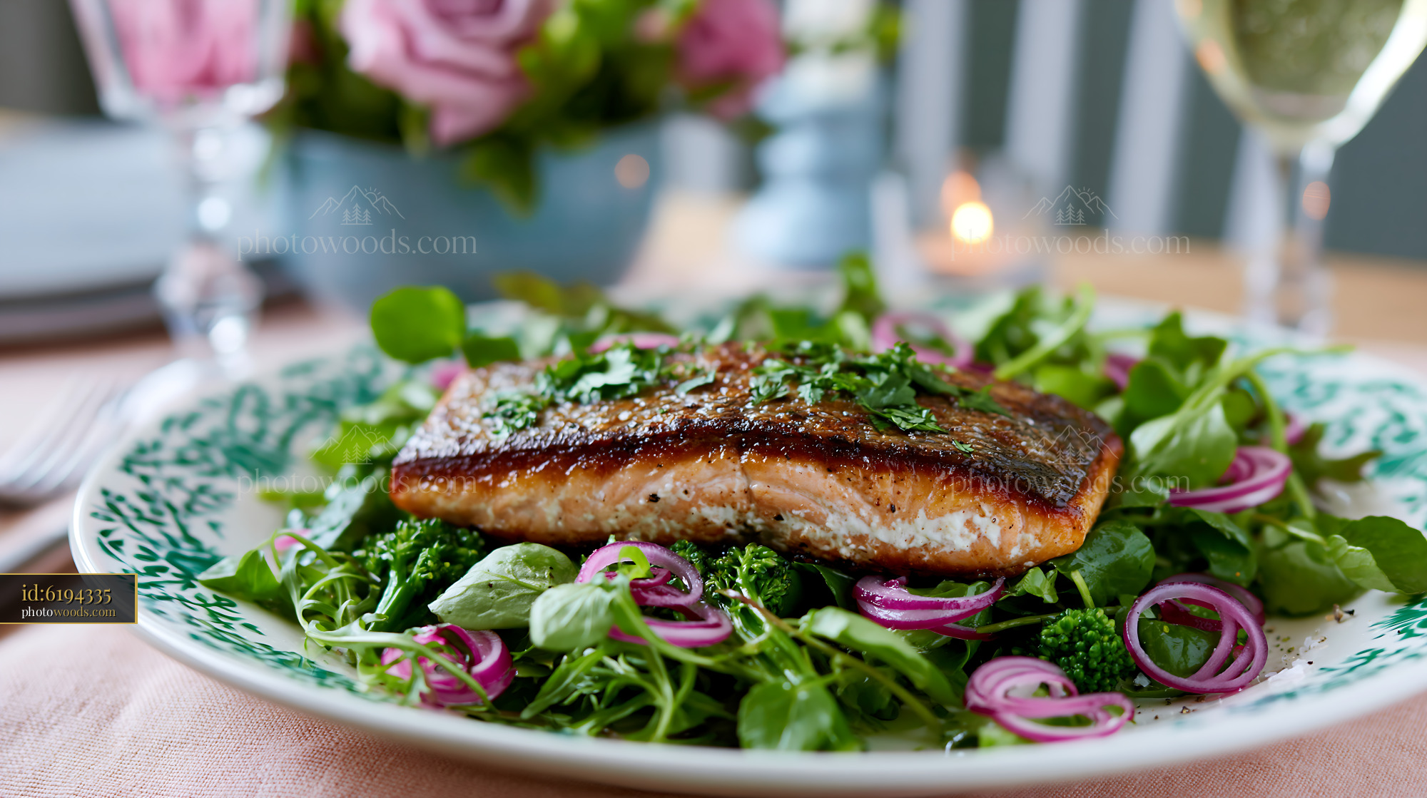 Seared Salmon Fillet on Mixed Greens With Herbs and Onions