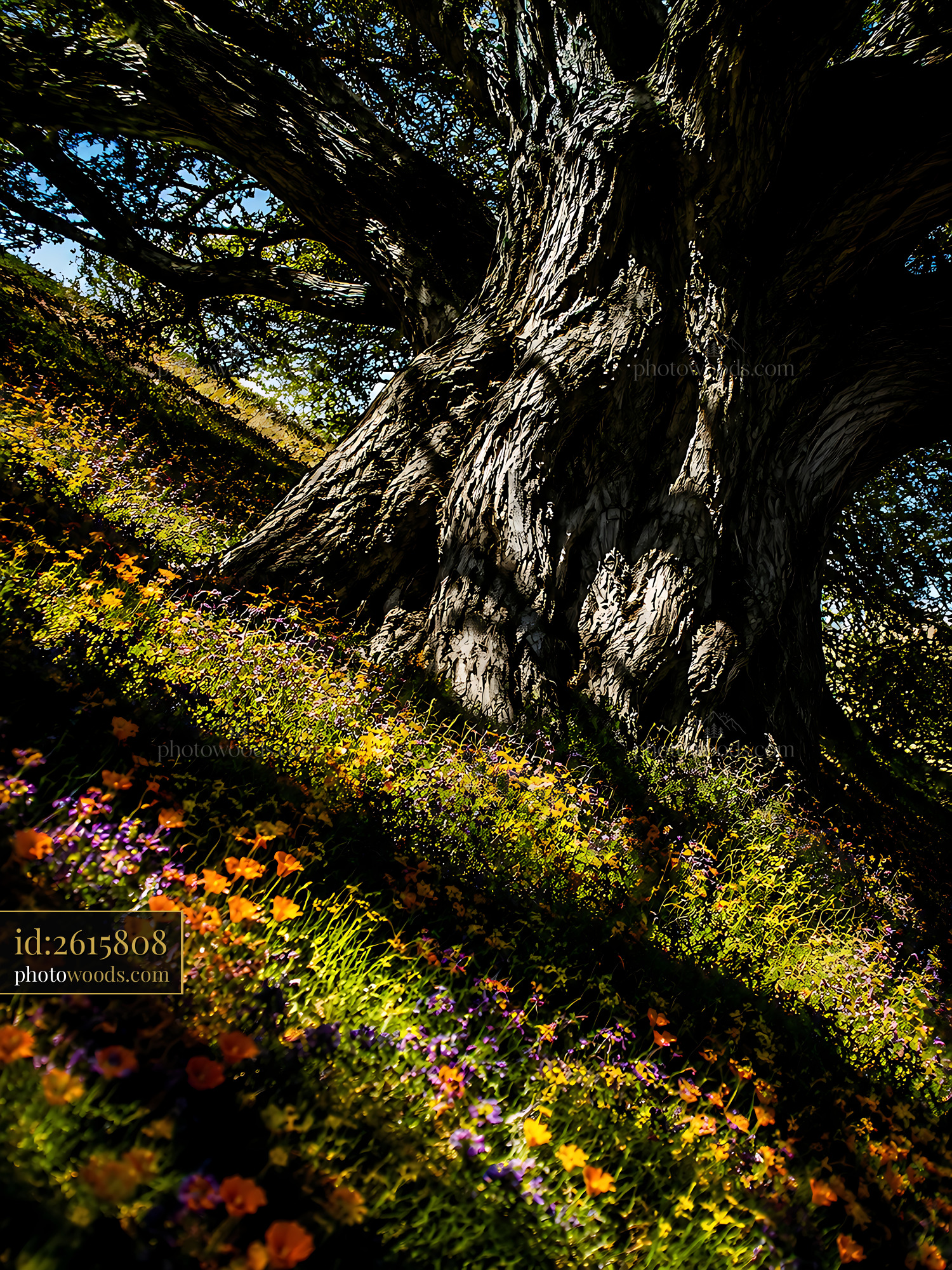 Old Tree Stands Tall Surrounded by Colorful Wildflowers