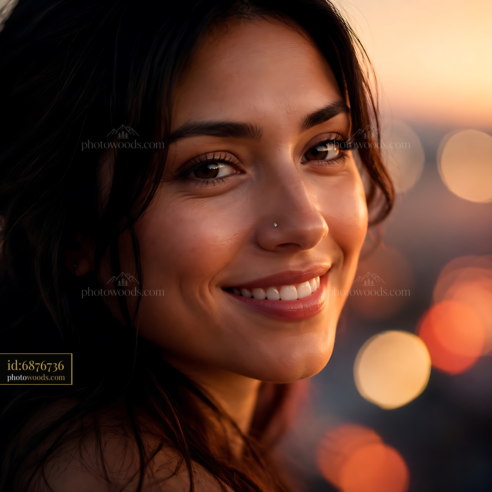 Woman Smiling at Sunset With Blurred City Lights in Background