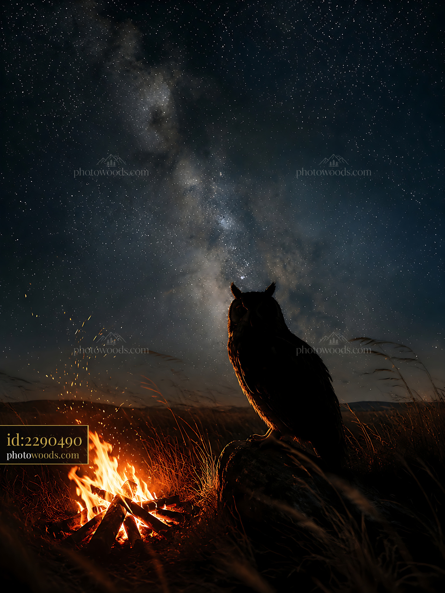 Owl Sits Near Fire Under Starry Sky at Night