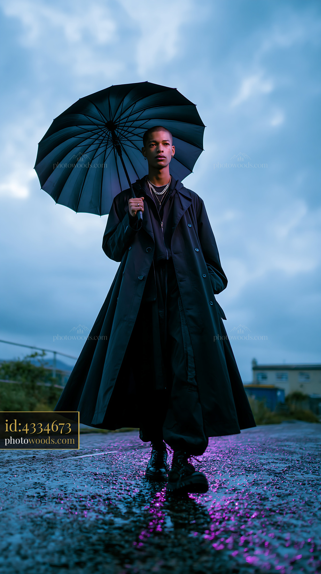 Tall Model in Longline Coat With Umbrella Walking in Urban Setting