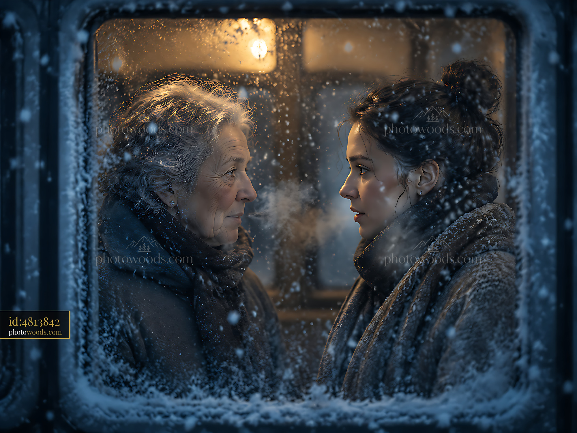 Older Woman and Young Woman Inside a Snowy Train Cabin