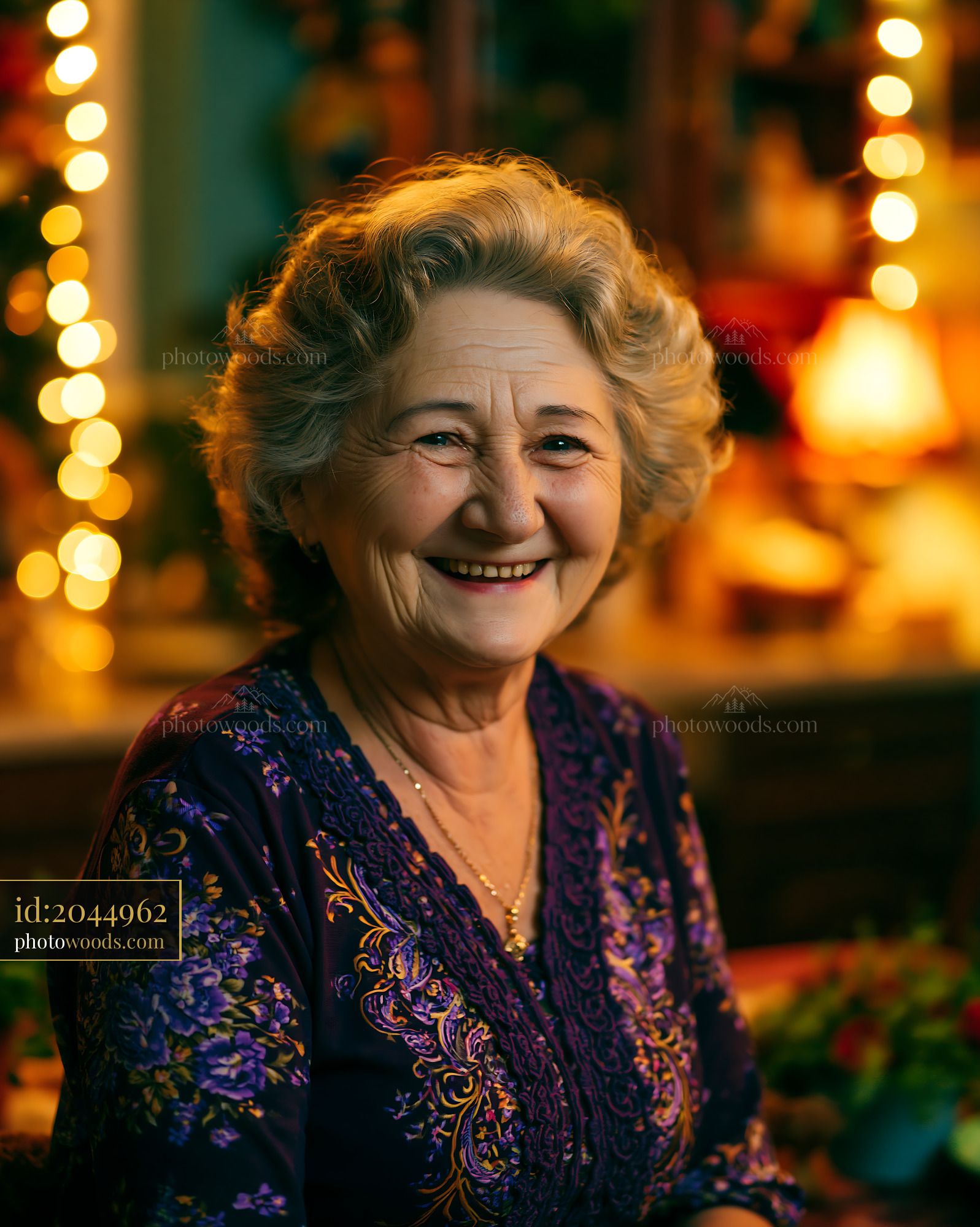 Smiling Woman With Gray Hair Sitting Near Bright Decorations