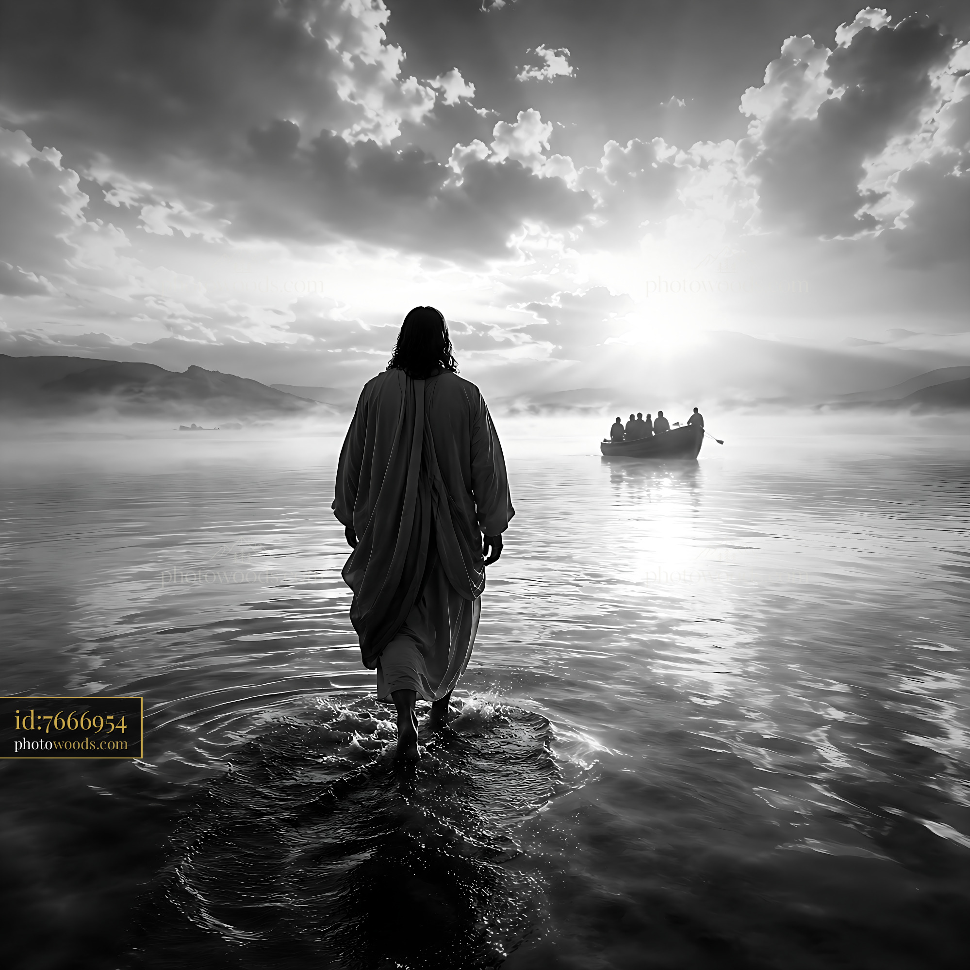 Jesus Walks on Water Toward a Boat in a Misty Setting