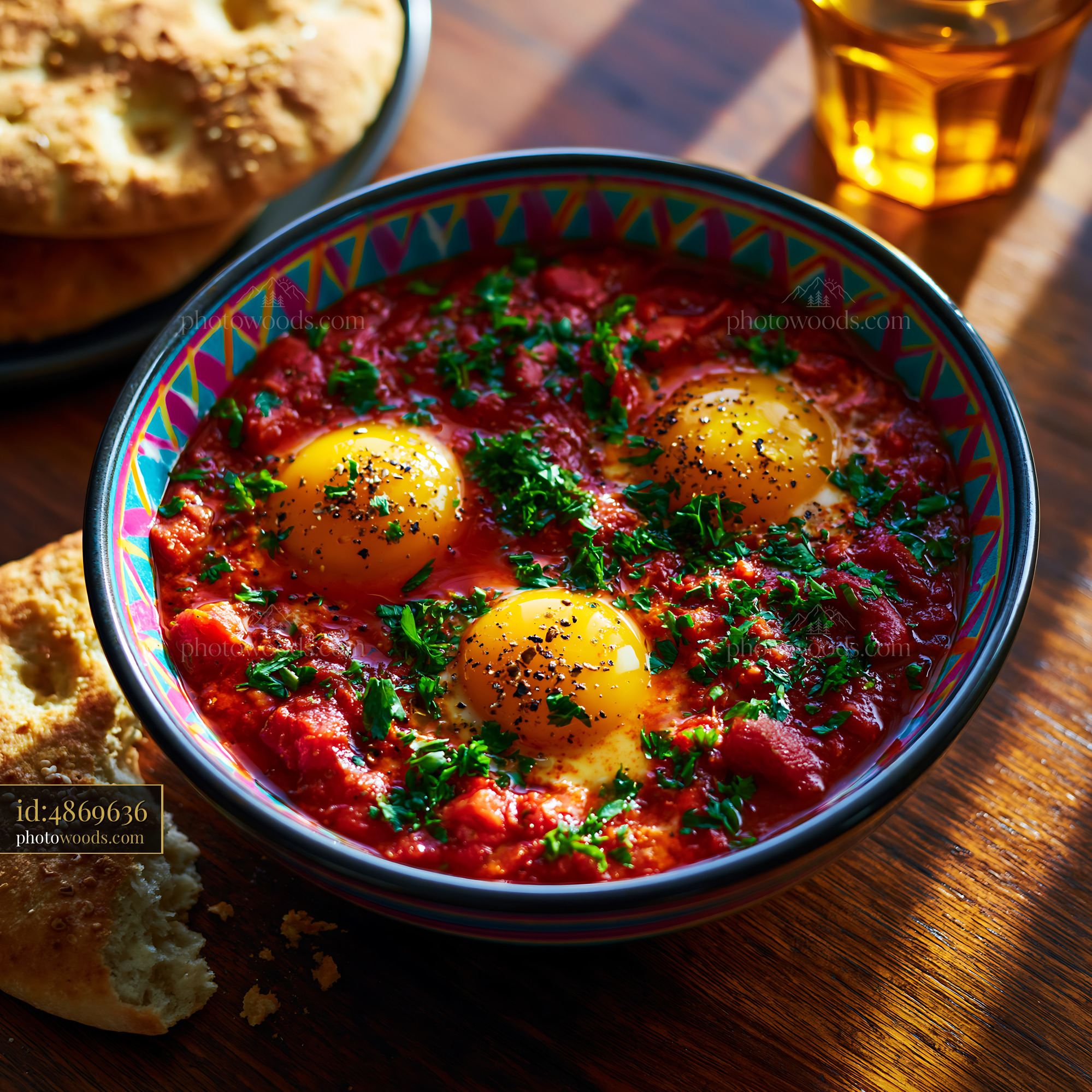Bowl of Shakshuka With Runny Eggs and Fresh Herbs on Wooden Table