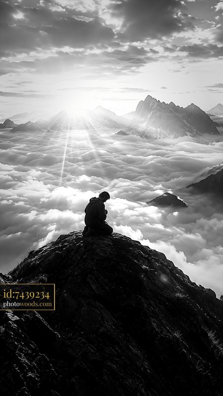 Person Sitting on Mountain Peak Overlooking Clouds and Sun