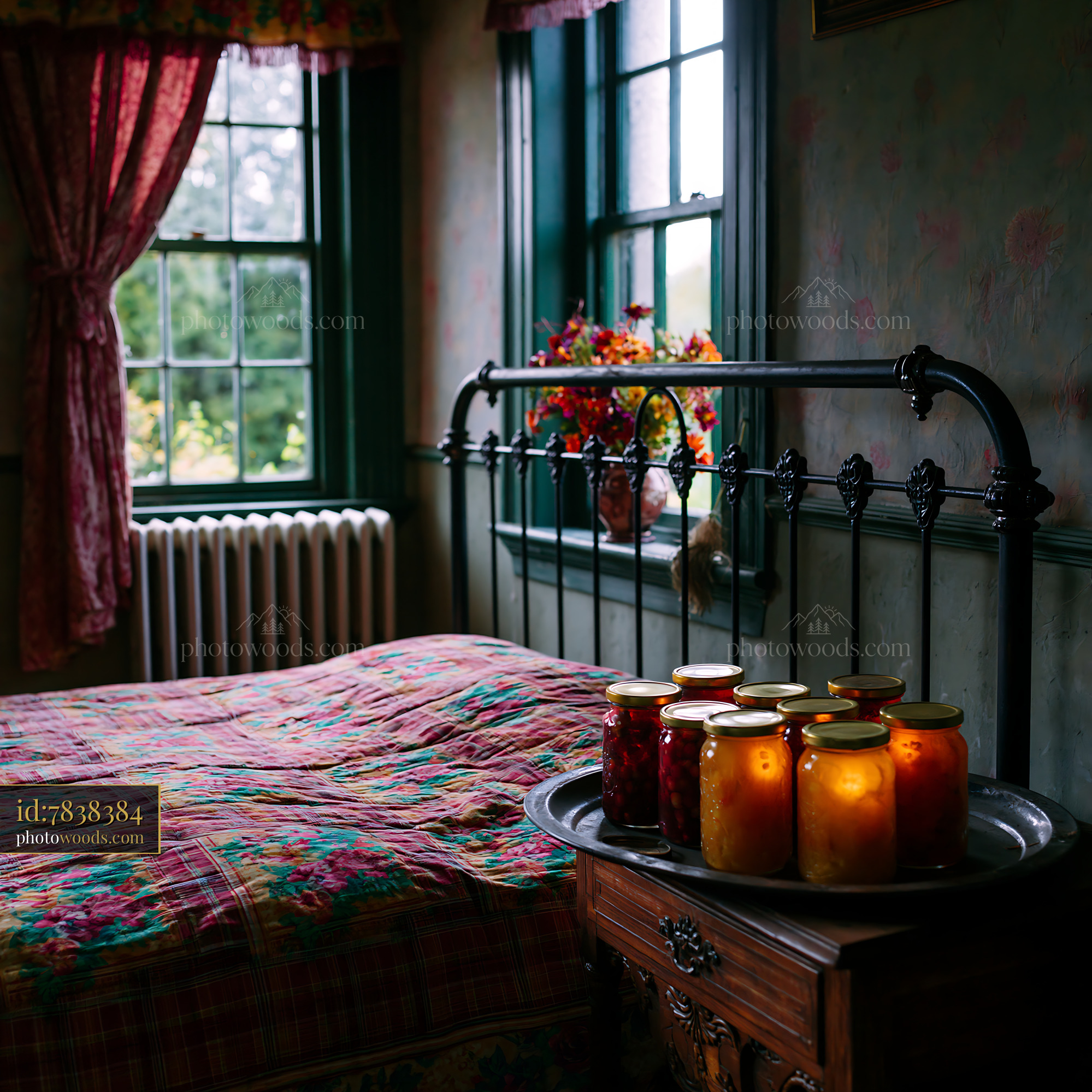 Rural Bedroom With Iron Frame Bed and Jars on a Wooden Table