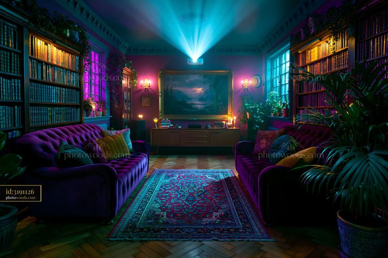 Dark Academia Basement Cinema With Bookshelves and Cozy Seating