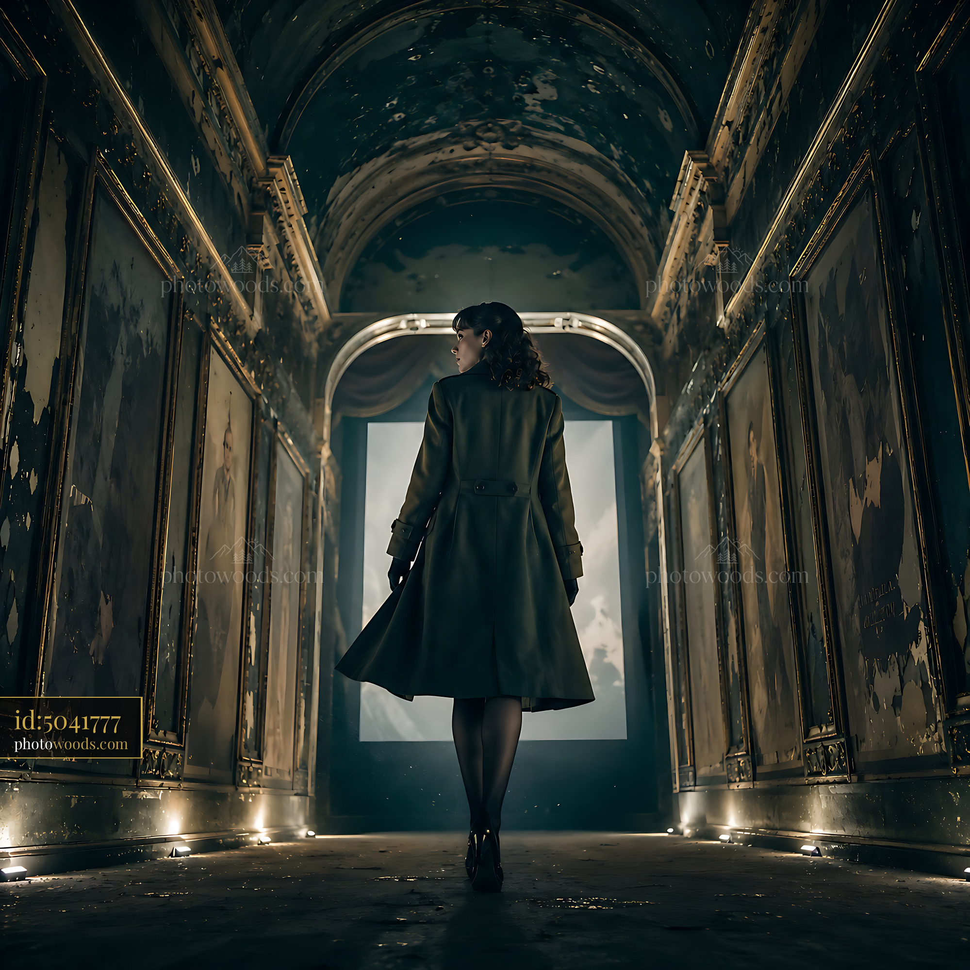 Woman Walks Through Old Hall With Faded Paintings and Soft Light