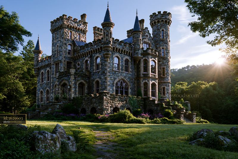 Historic stone castle with turrets surrounded by trees