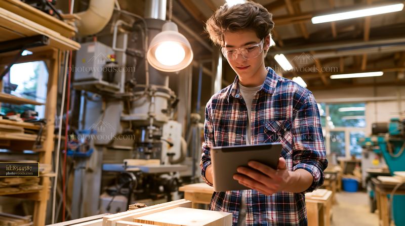 Apprentice Craftsman Using Tablet in Workshop