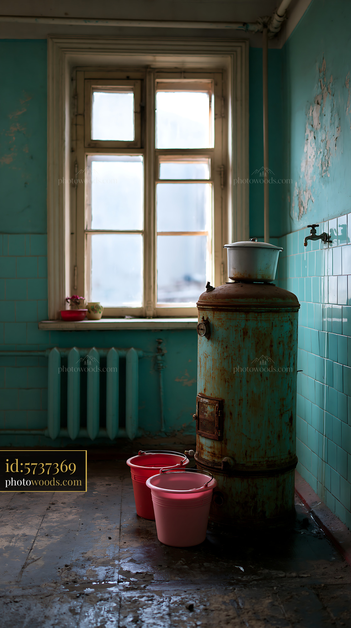 Rusty Gas Water Heater in Old Kitchen With Teal Walls