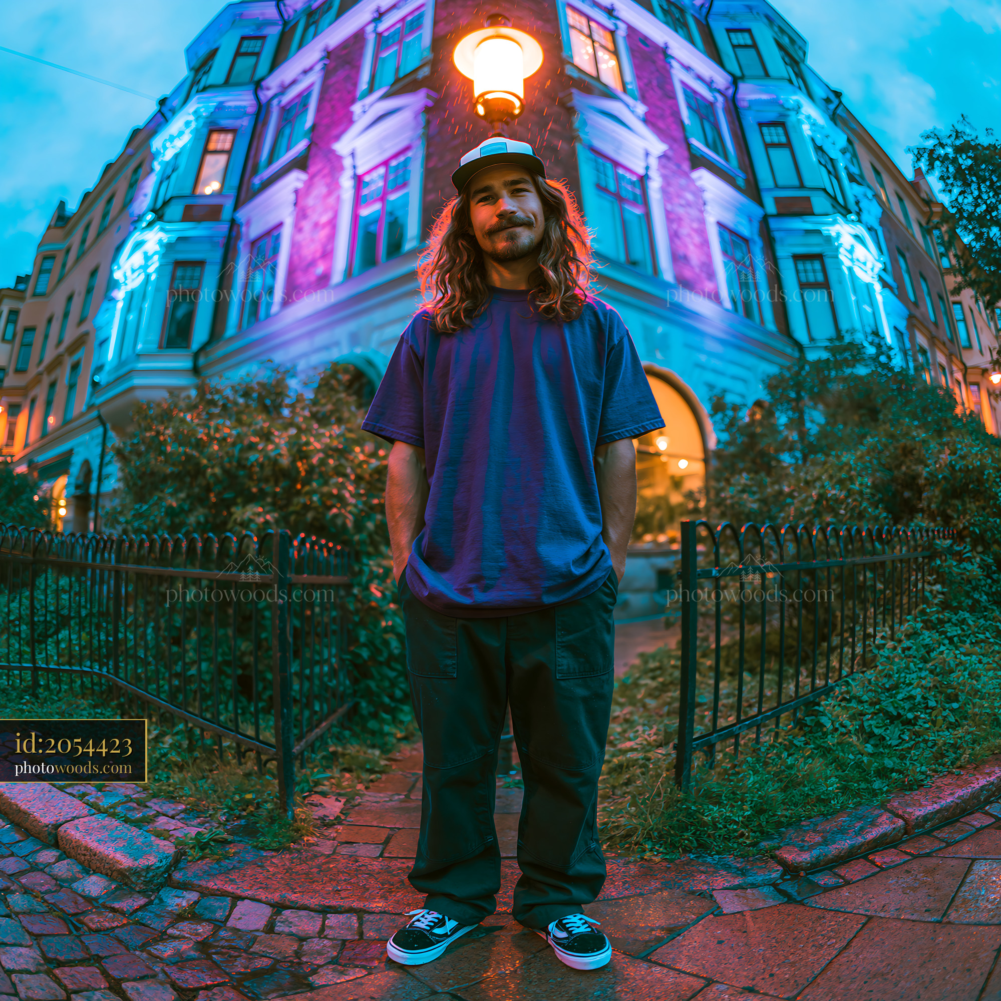 Skater Man Standing by a Building in Evening City Light