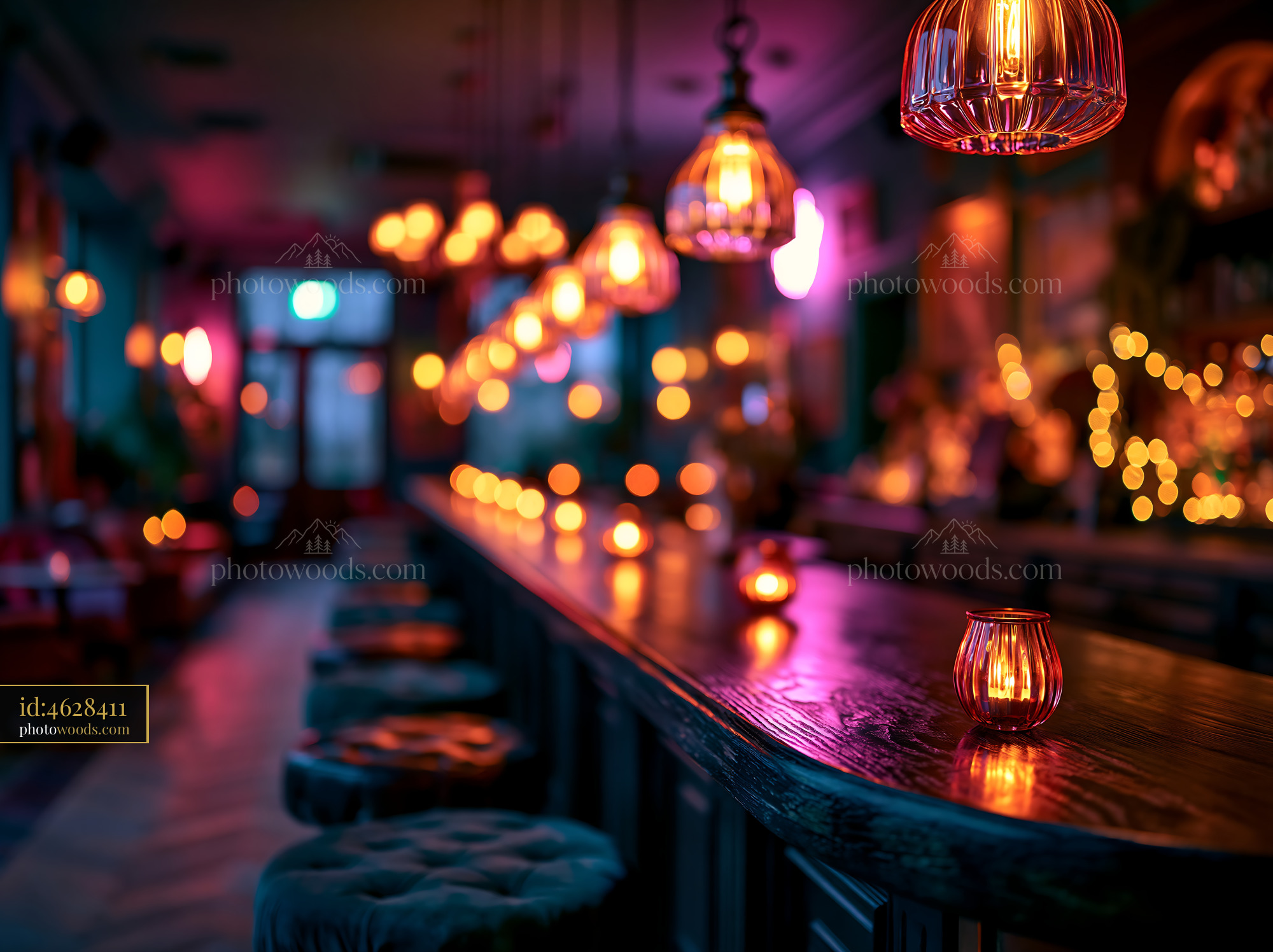 Bar With Warm Lights and Empty Stools at Night