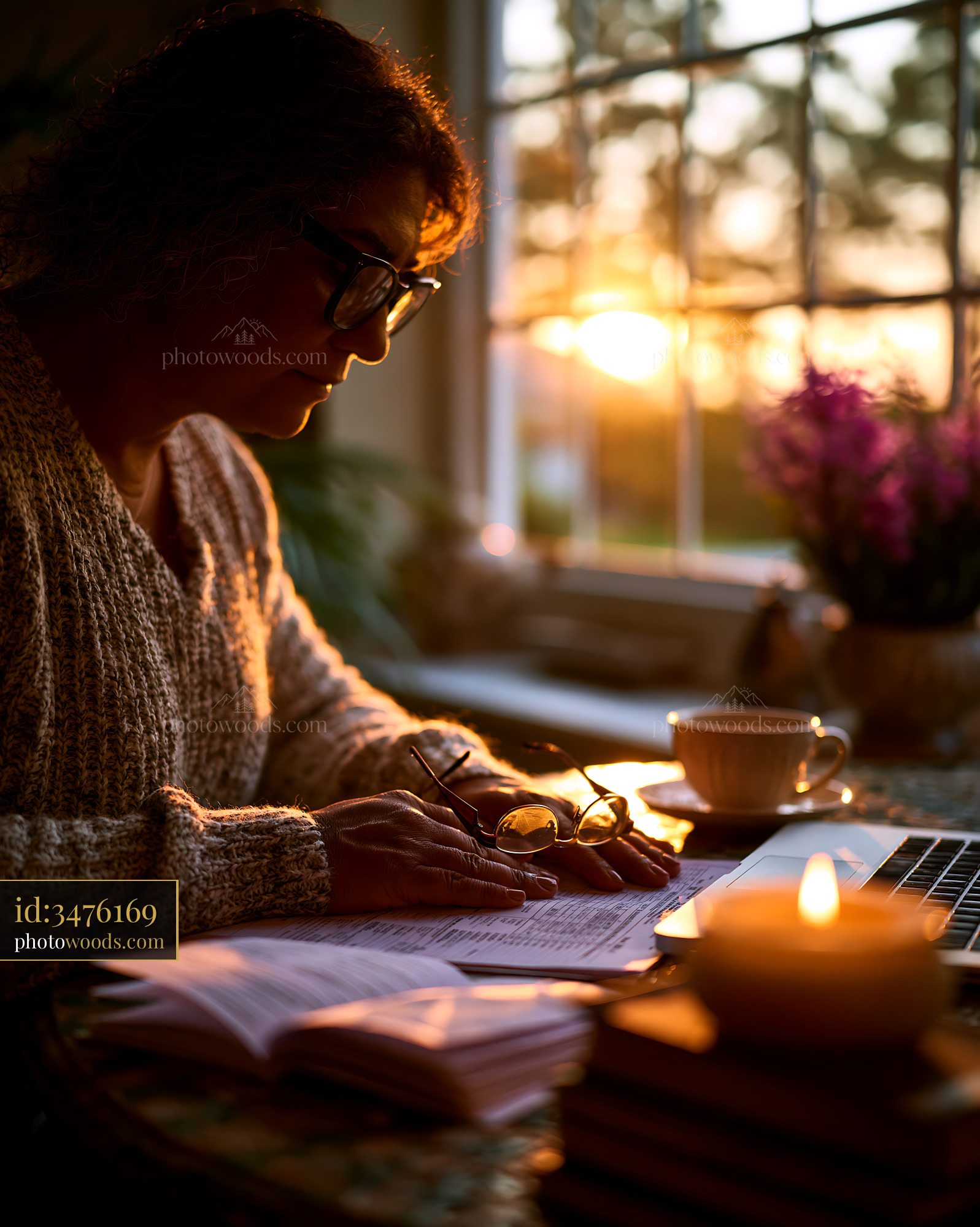 Freelancer Sorting Invoices With Reading Glasses at Sunset