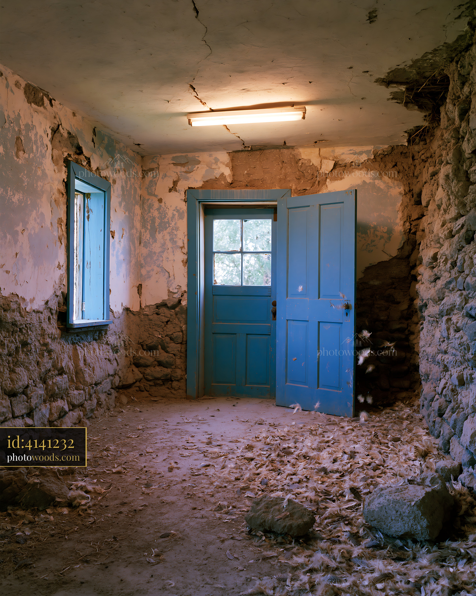 Crumbling Adobe Village House Interior With Blue Doors and Walls