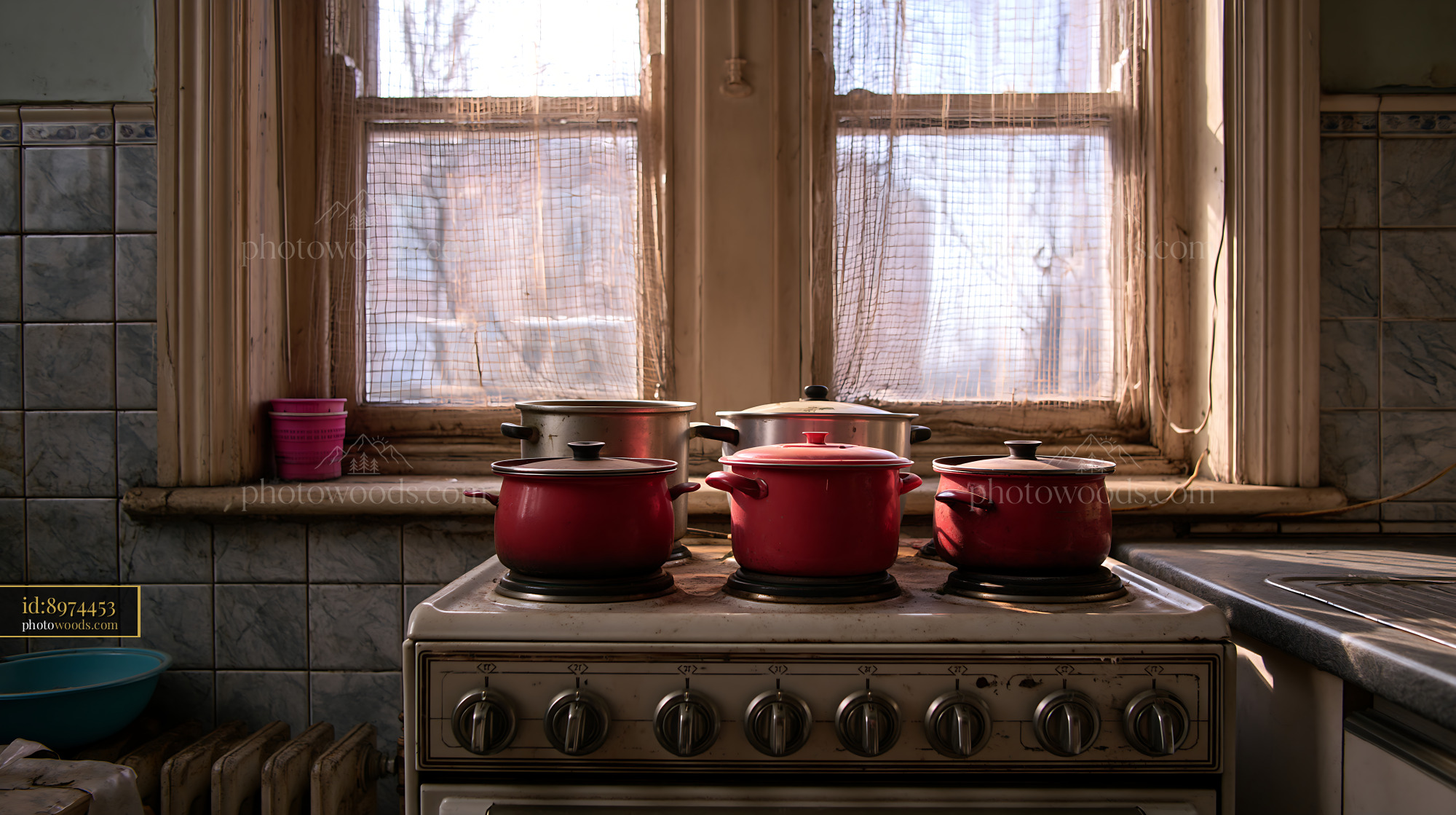 Neglected Kitchen With Greasy Tiled Walls and Red Cooking Pots