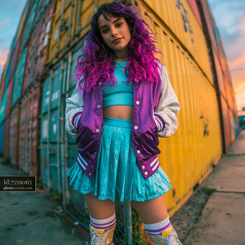 Young Woman in Varsity Jacket and Pleated Skirt at Sunset