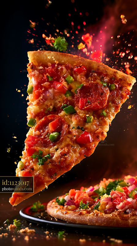 Close-up slice of loaded vegetable pizza with flying toppings