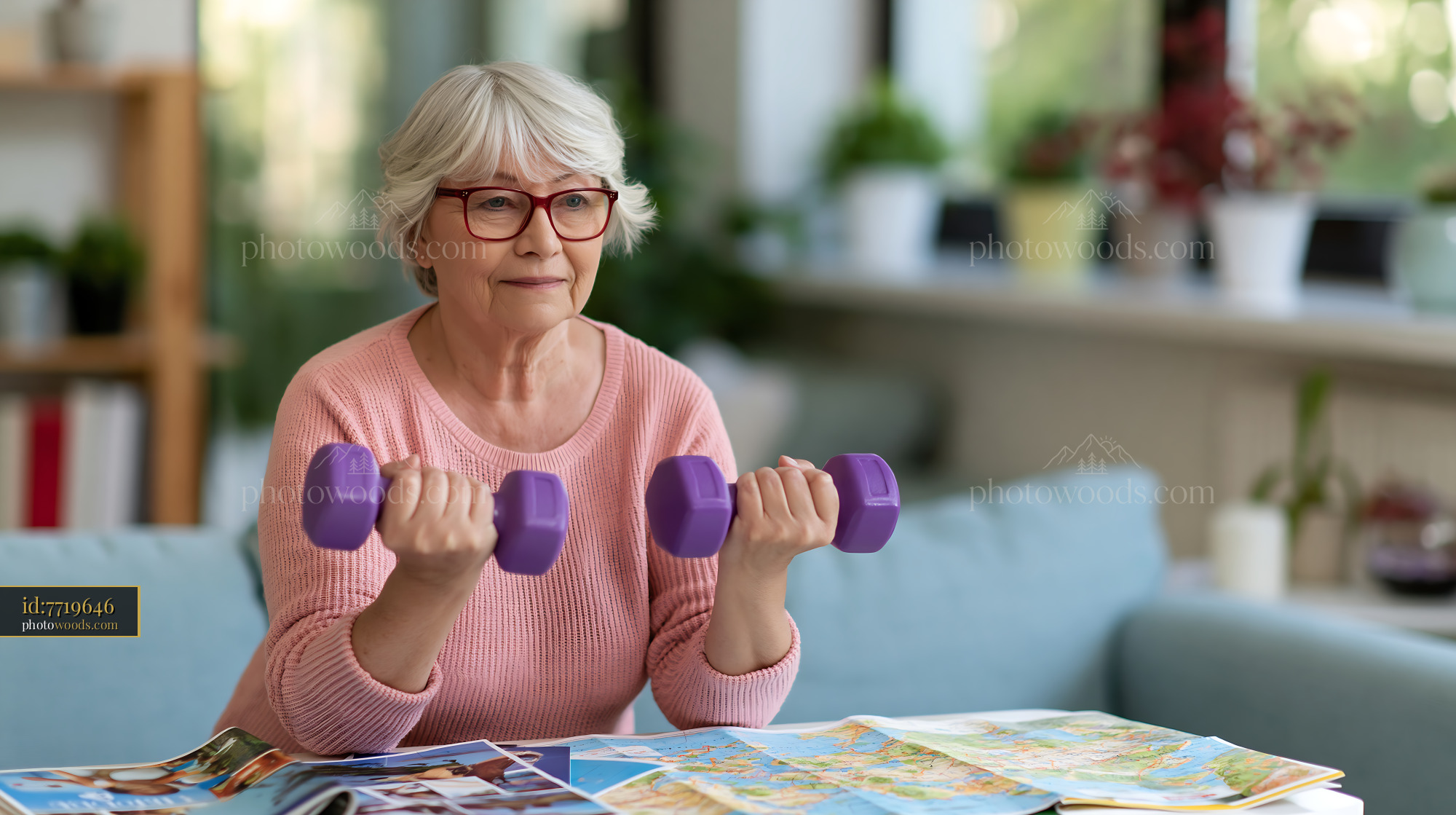 70 Year Old Woman Lifting Weights Indoors in Bright Room