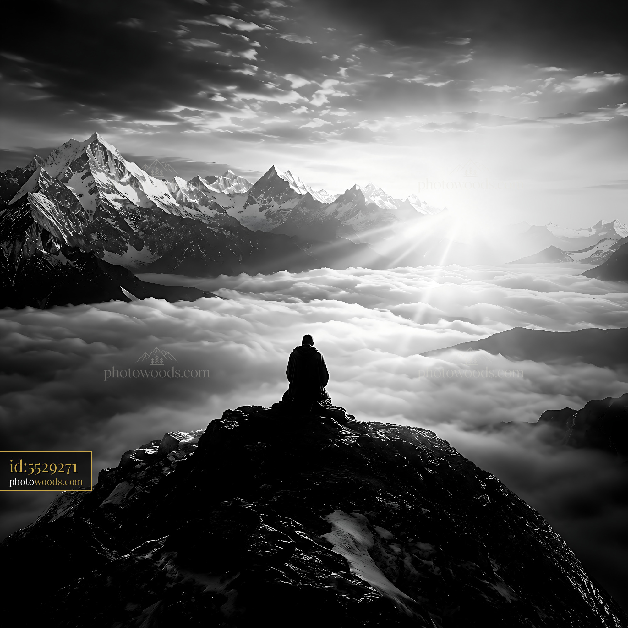 Person Sitting on Mountain Peak Overlooking Clouds and Sun Rays