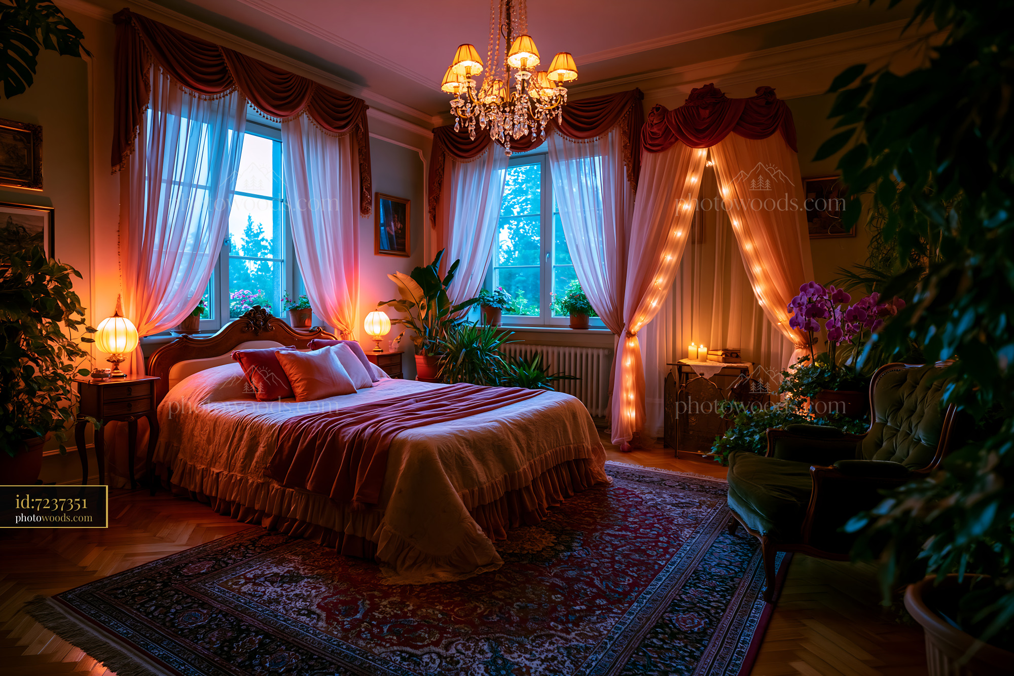 Romantic Bedroom With Canopy Bed and Warm Lighting