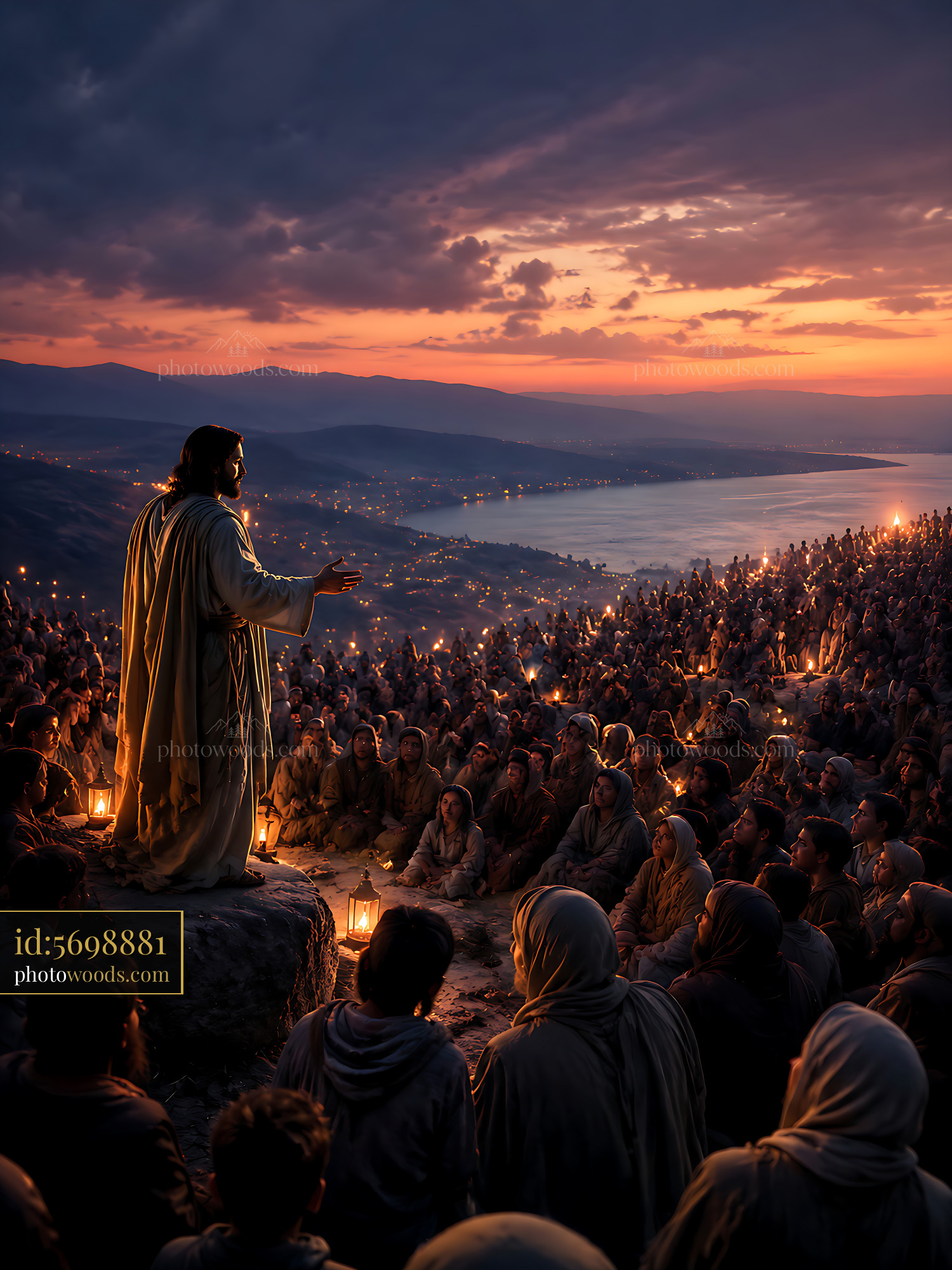 Jesus Speaks to a Gathered Crowd During Sunset Near a Lake