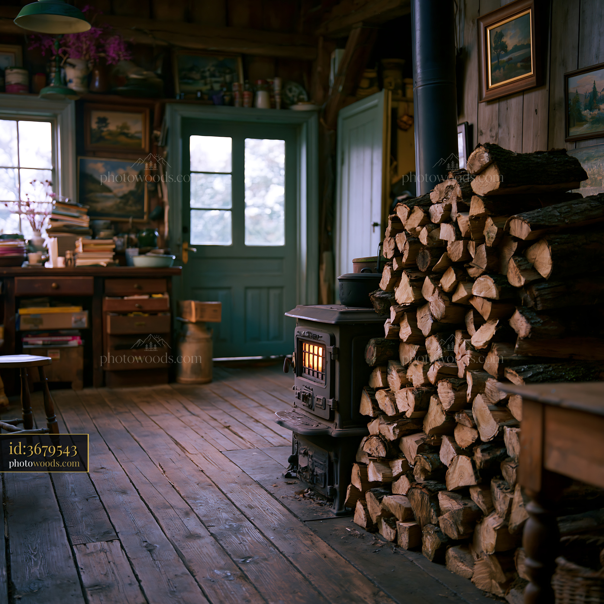 Cluttered Old Barn House Living Space With Firewood and Stove