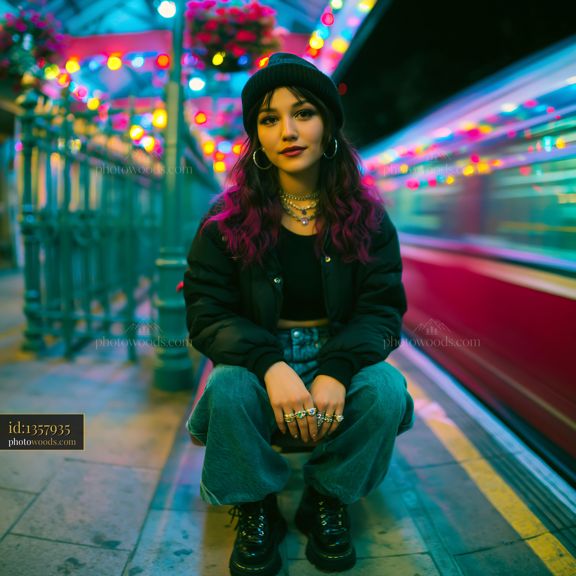 Striking Woman in Cropped Puffer Jacket at Night With Lights