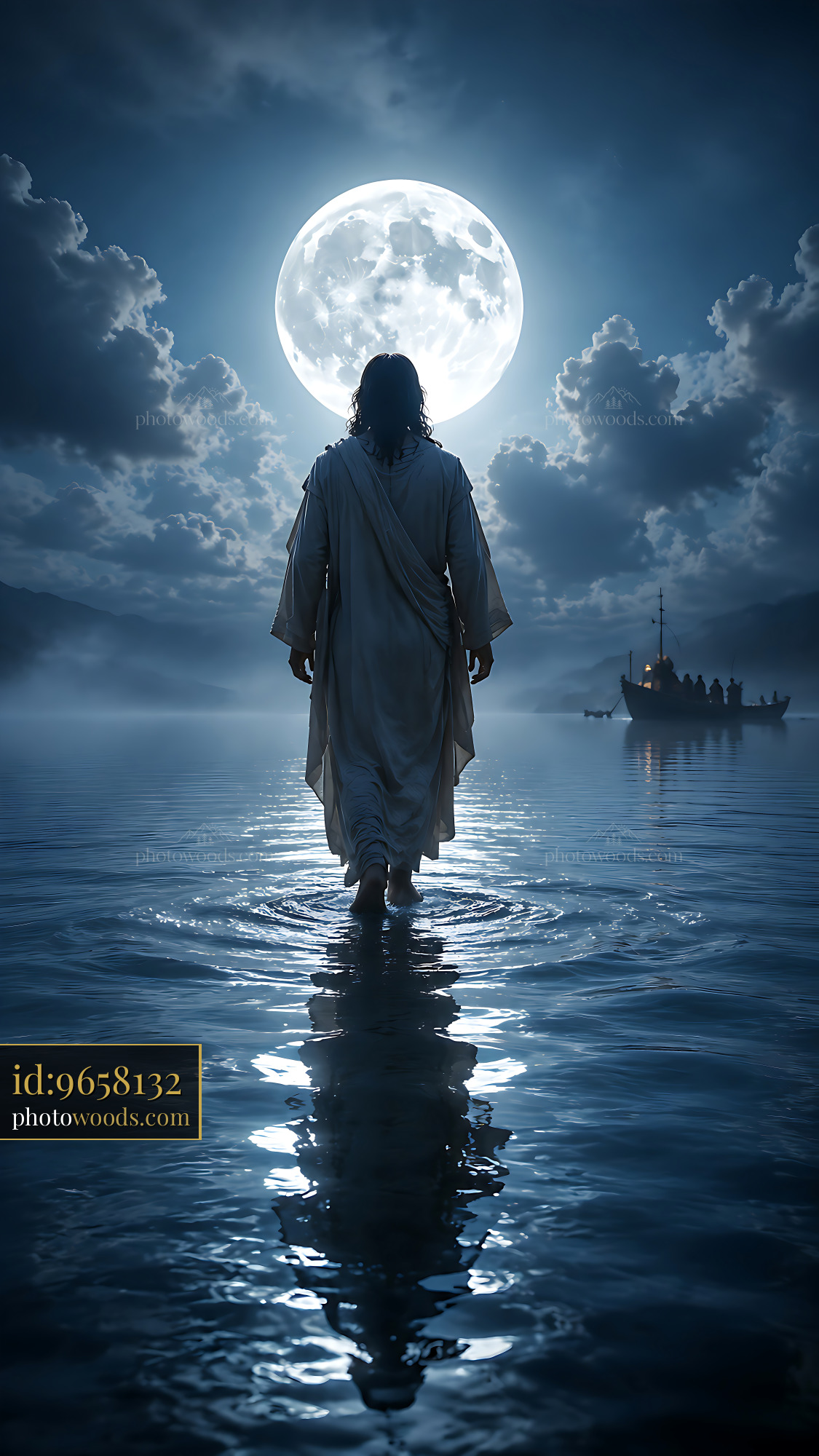 Man Walking on Water Under the Full Moon in a Dark Setting