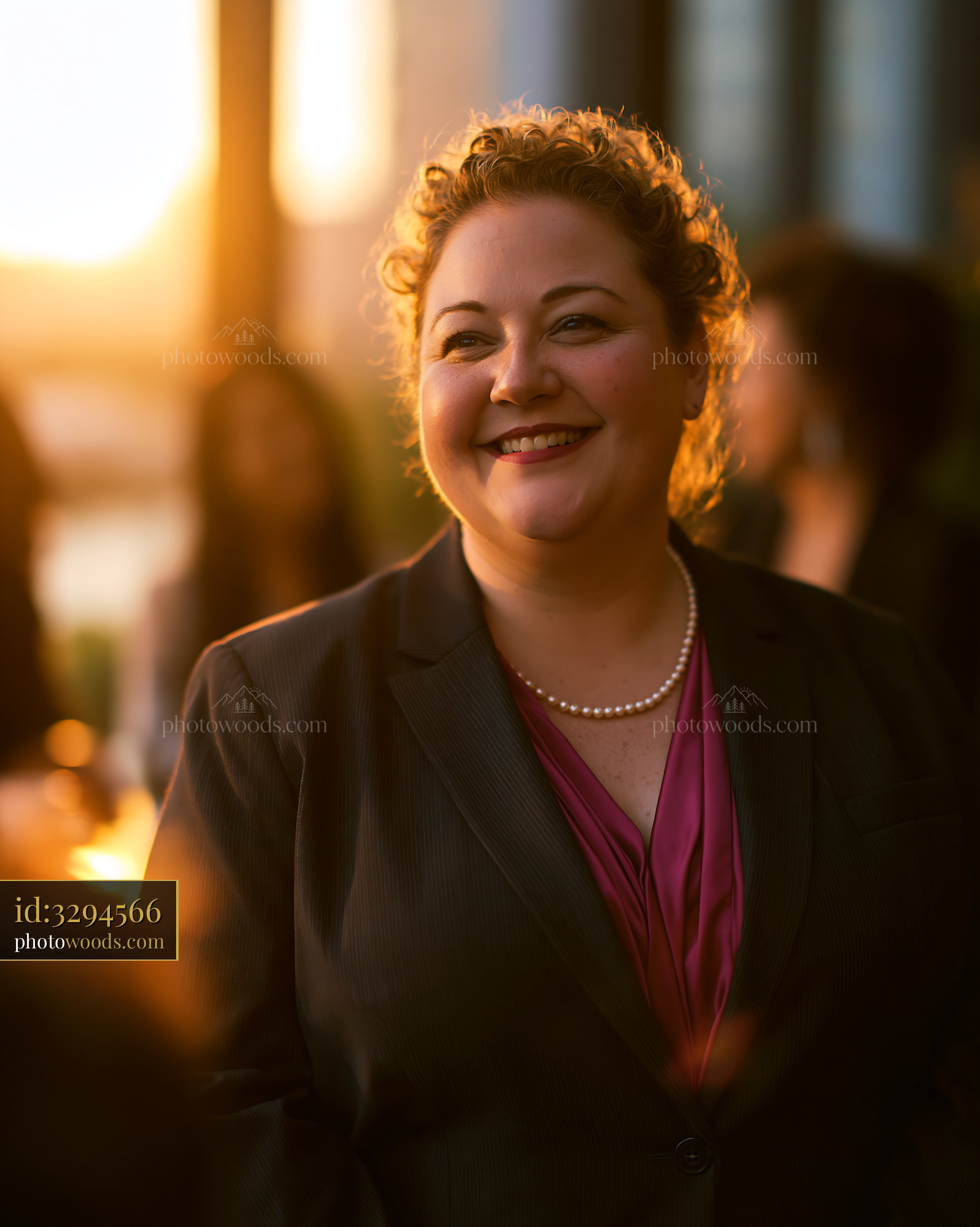 Plus Size Businesswoman in Tailored Suit at Sunset Event