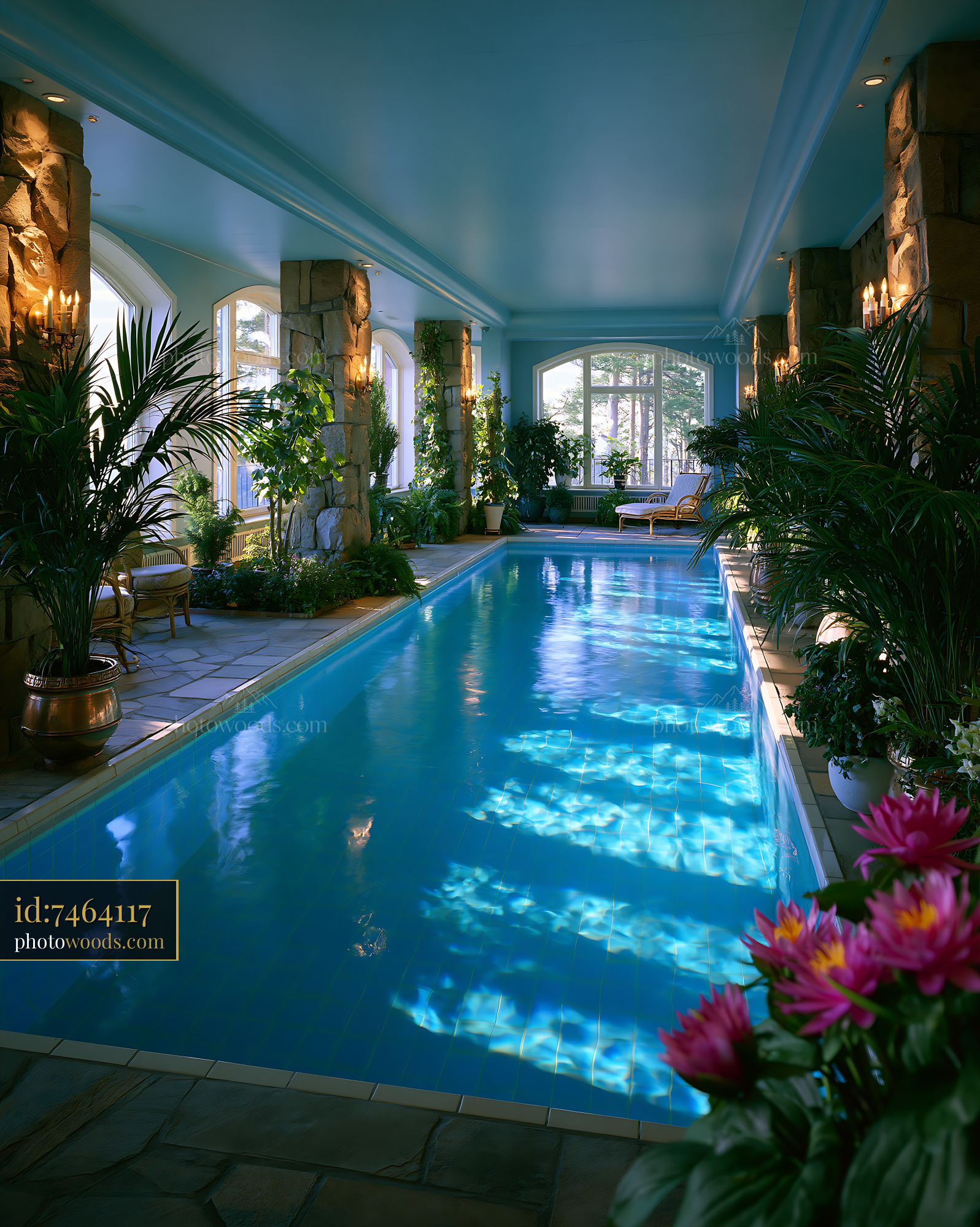 Indoor Swimming Pool With Stone Columns and Natural Plants