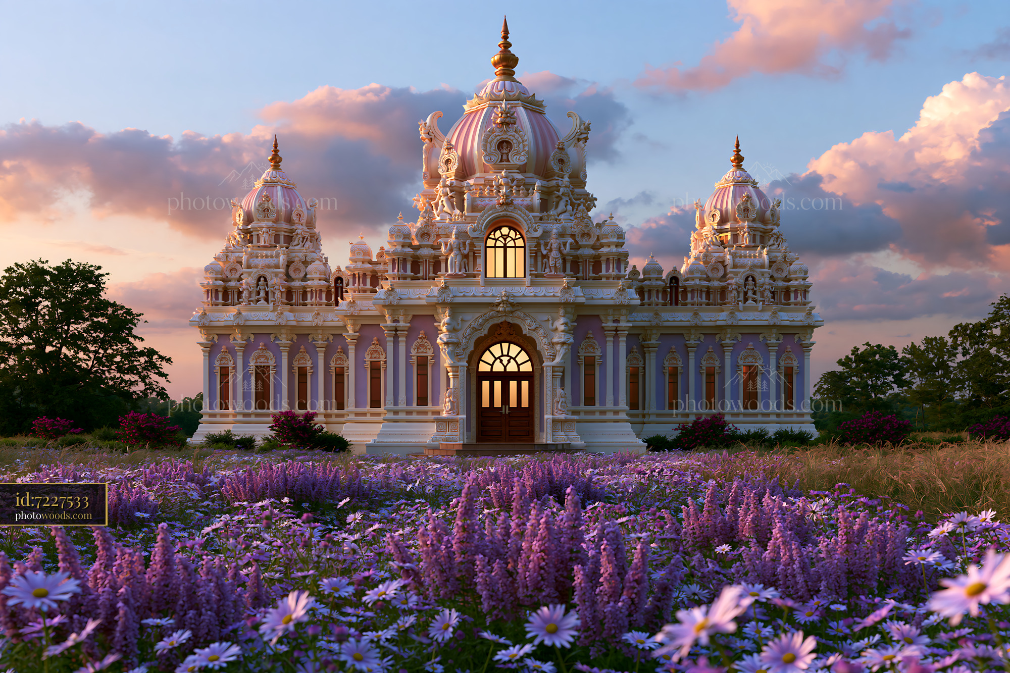 Hindu Temple Architecture Surrounded by Flowers at Sunset