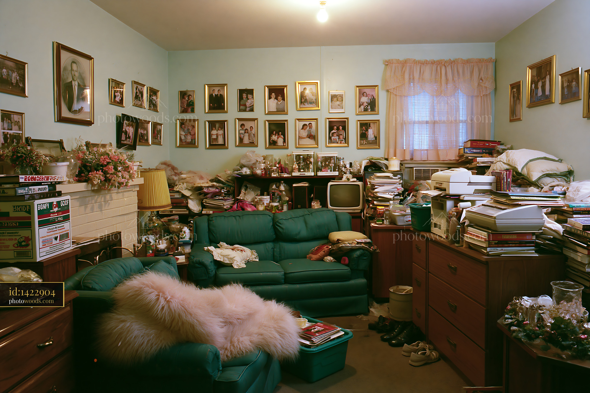 Cluttered Hoarder Style Living Room With Family Photos and Items