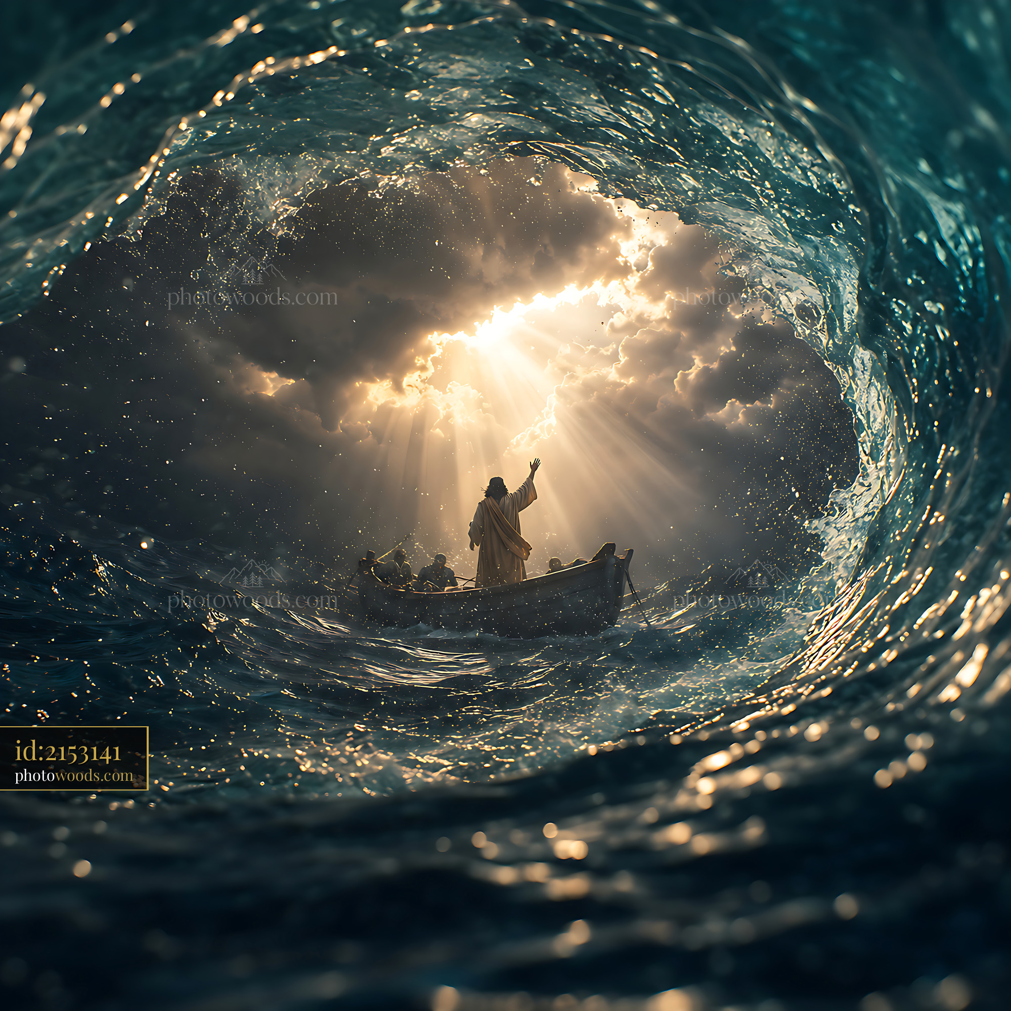 Jesus Stands in a Boat During a Storm, Rays of Light Shining Down